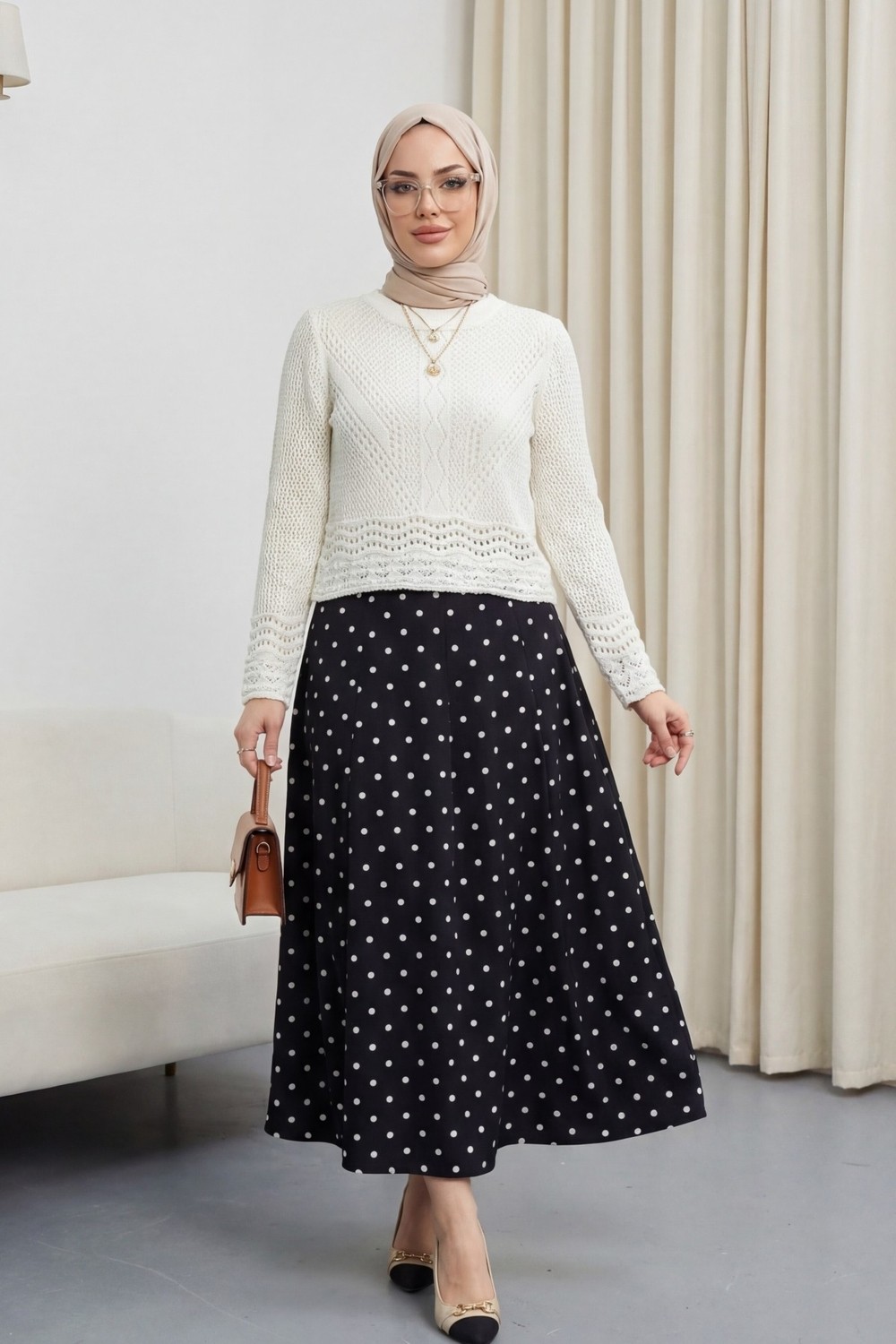 Moda Morfo Ajurlu Desenli İnce Örgü Triko -Ekru