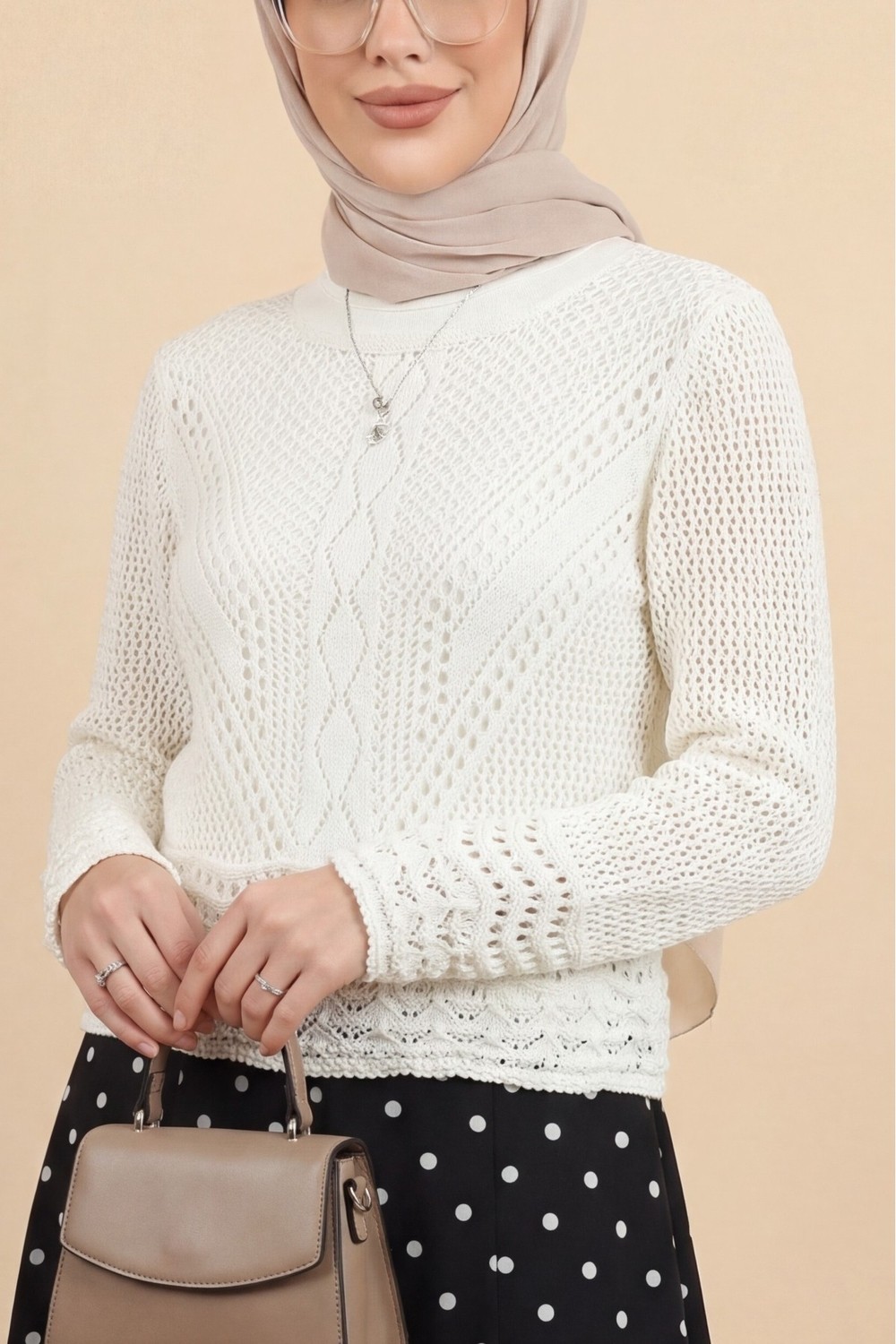 Moda Morfo Ajurlu Desenli İnce Örgü Triko -Ekru görsel 3