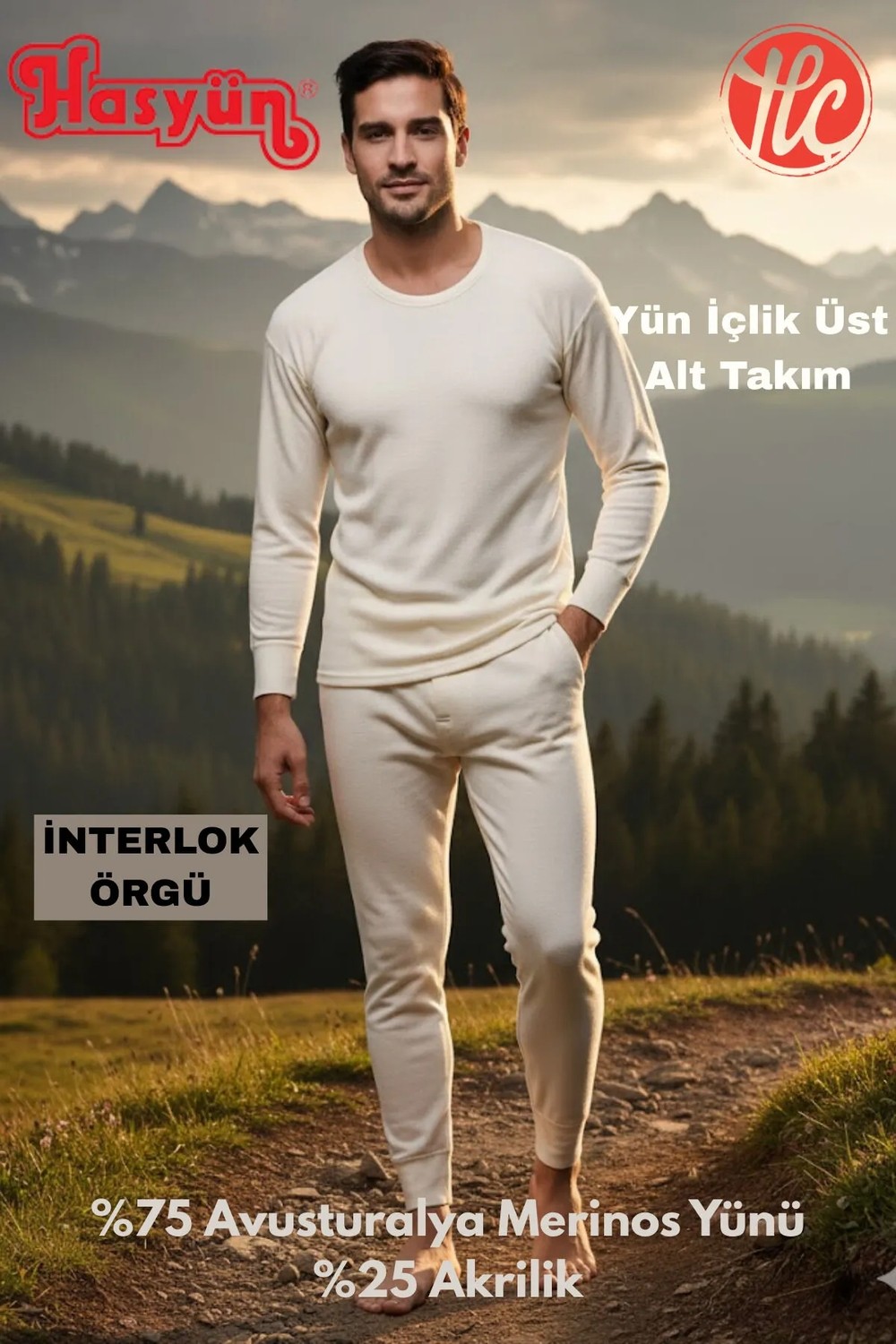 Hasyün Erkek Uzun Kol Ter Emici Kaşındırmaz %75 Yün Içlik Takım Bisiklet Yaka Normal Bel görsel 5