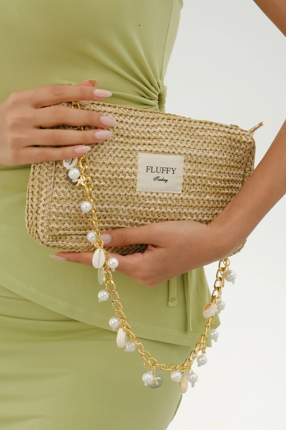 Mute Bag Charm Zincirli Inci Hasır Çanta/ Gold Askılı Kadın El ve Omuz Çantası (25X15) görsel 6