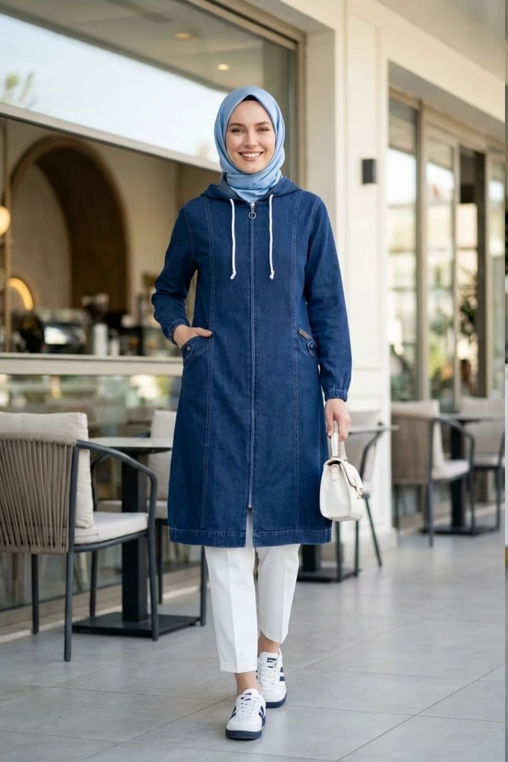 Harma Time Butik Kadın Kapüşonlu Fermuarlı Cepli Gri Kot Kap