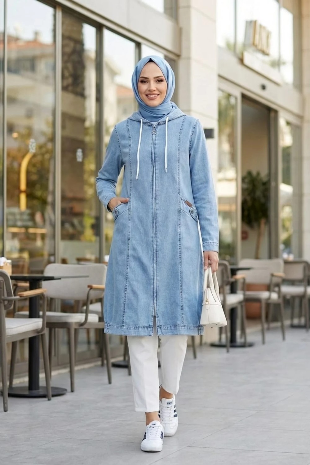 Harma Time Butik Kadın Kapüşonlu Fermuarlı Cepli Gri Kot Kap görsel 7