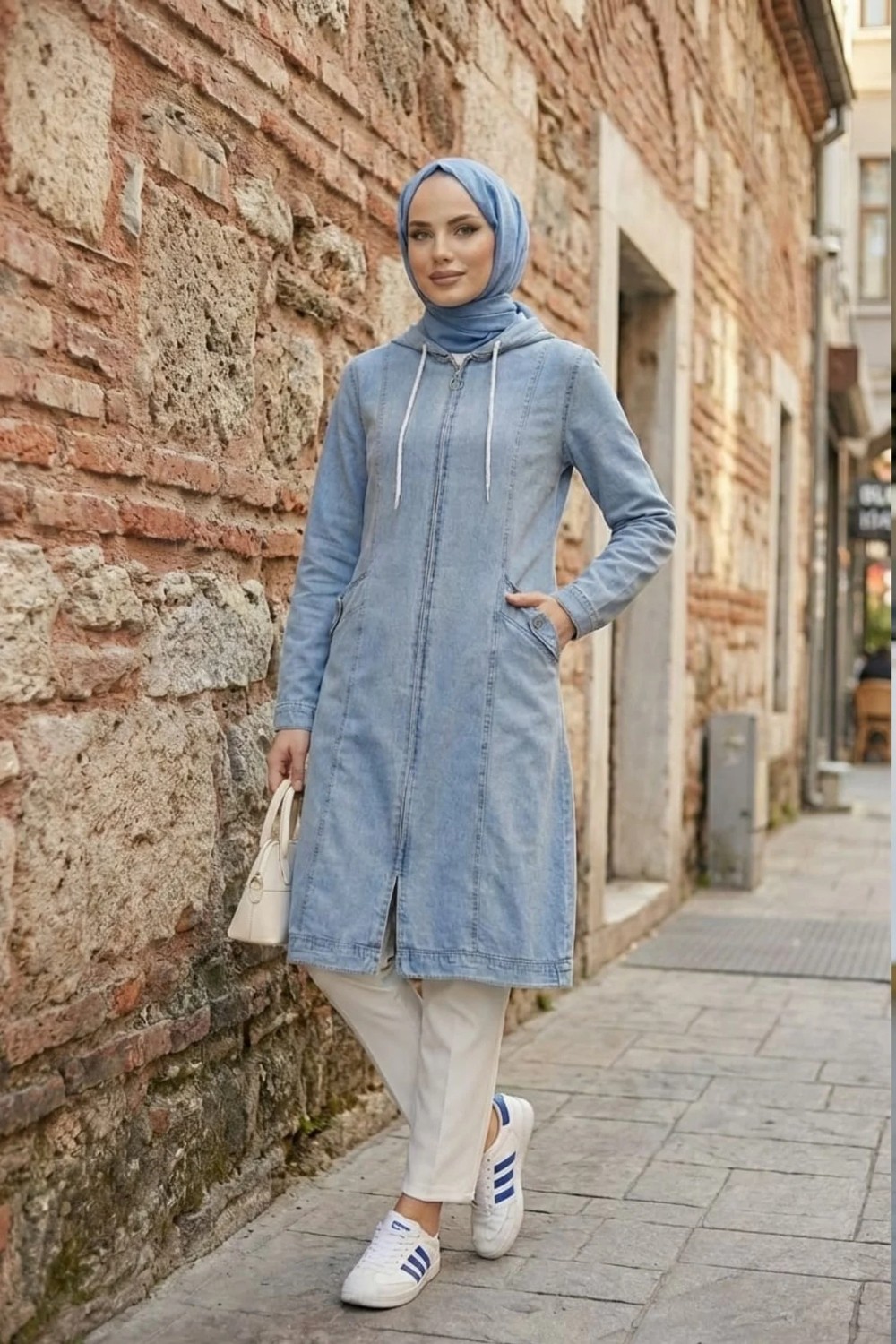 Harma Time Butik Kadın Kapüşonlu Fermuarlı Cepli Gri Kot Kap görsel 8