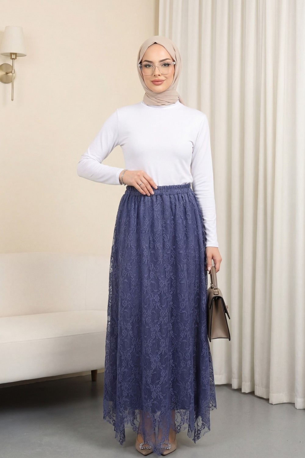 Moda Morfo Asimetrik Kesim Astarlı Beli Lastikli Tül Etek -İndigo