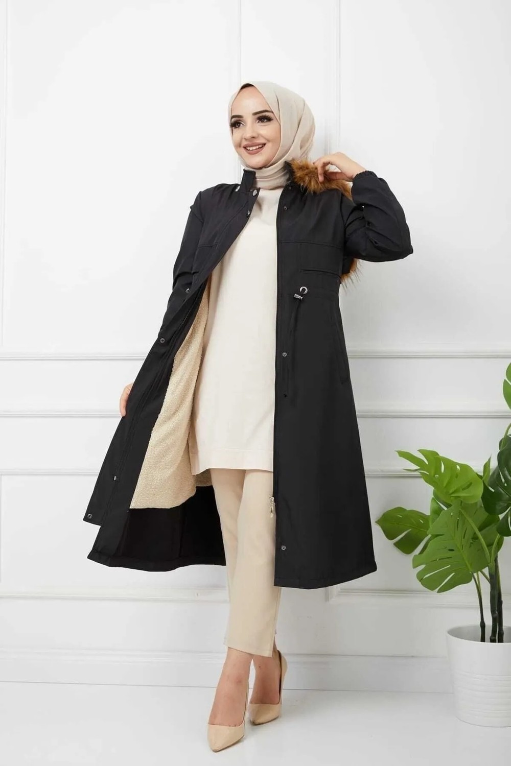 Vibeys Collection Bej Içi Kürklü ve Su Geçirmez Kadın Kışlık Mont & Kaban görsel 6