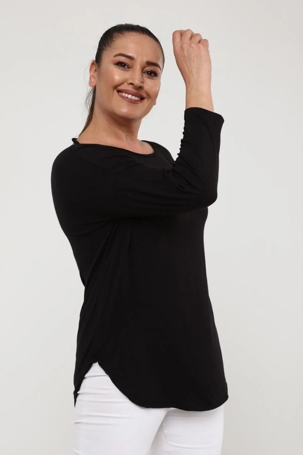 Curvy Trend Sırt Örgü Biyeli Yan Yırtmaç Uzun Kol Bluz Siyah görsel 6