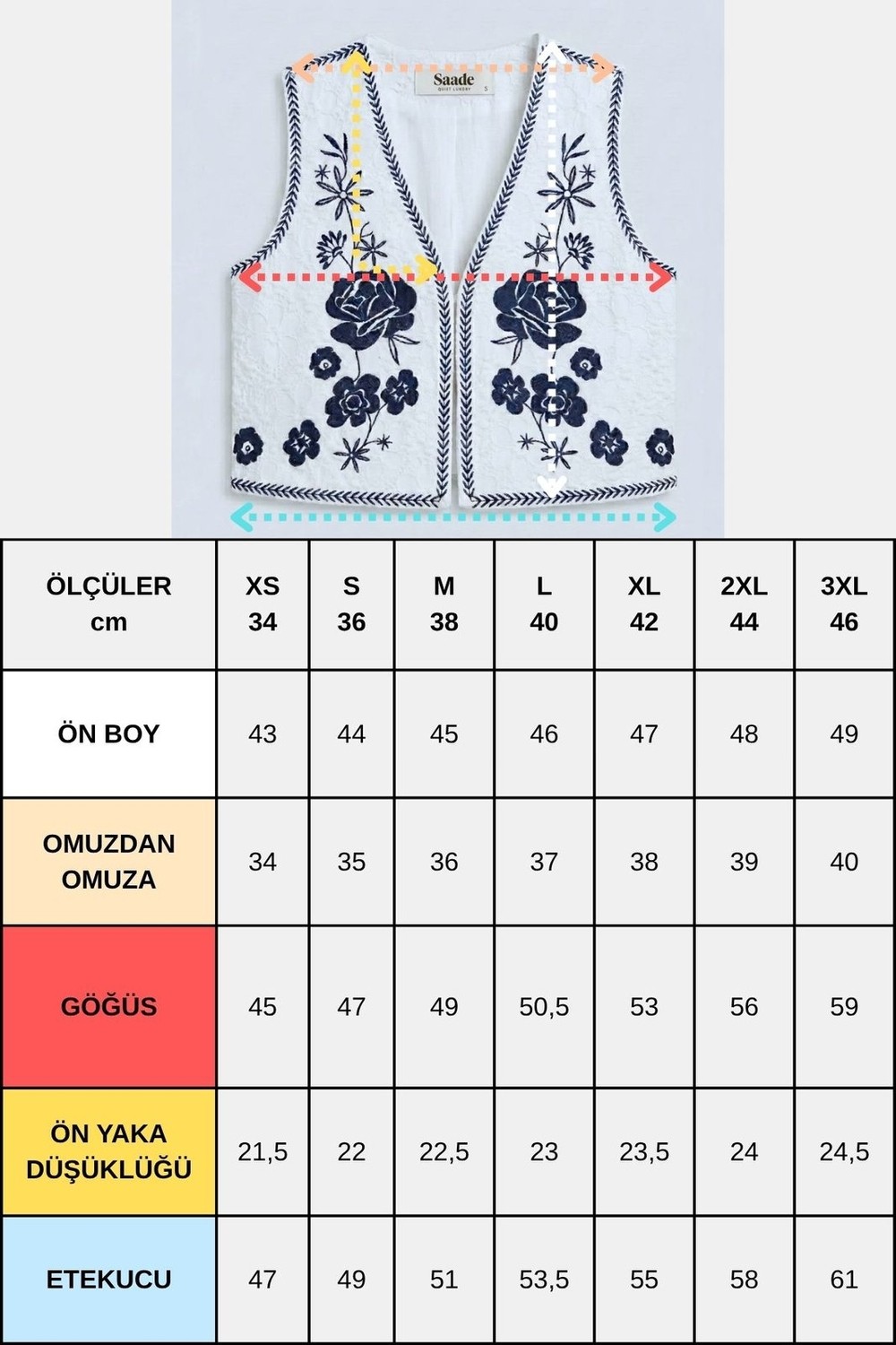 Saade Beyaz Kadın V Yaka Çiçek Nakışlı Dokuma Crop Yelek görsel 2
