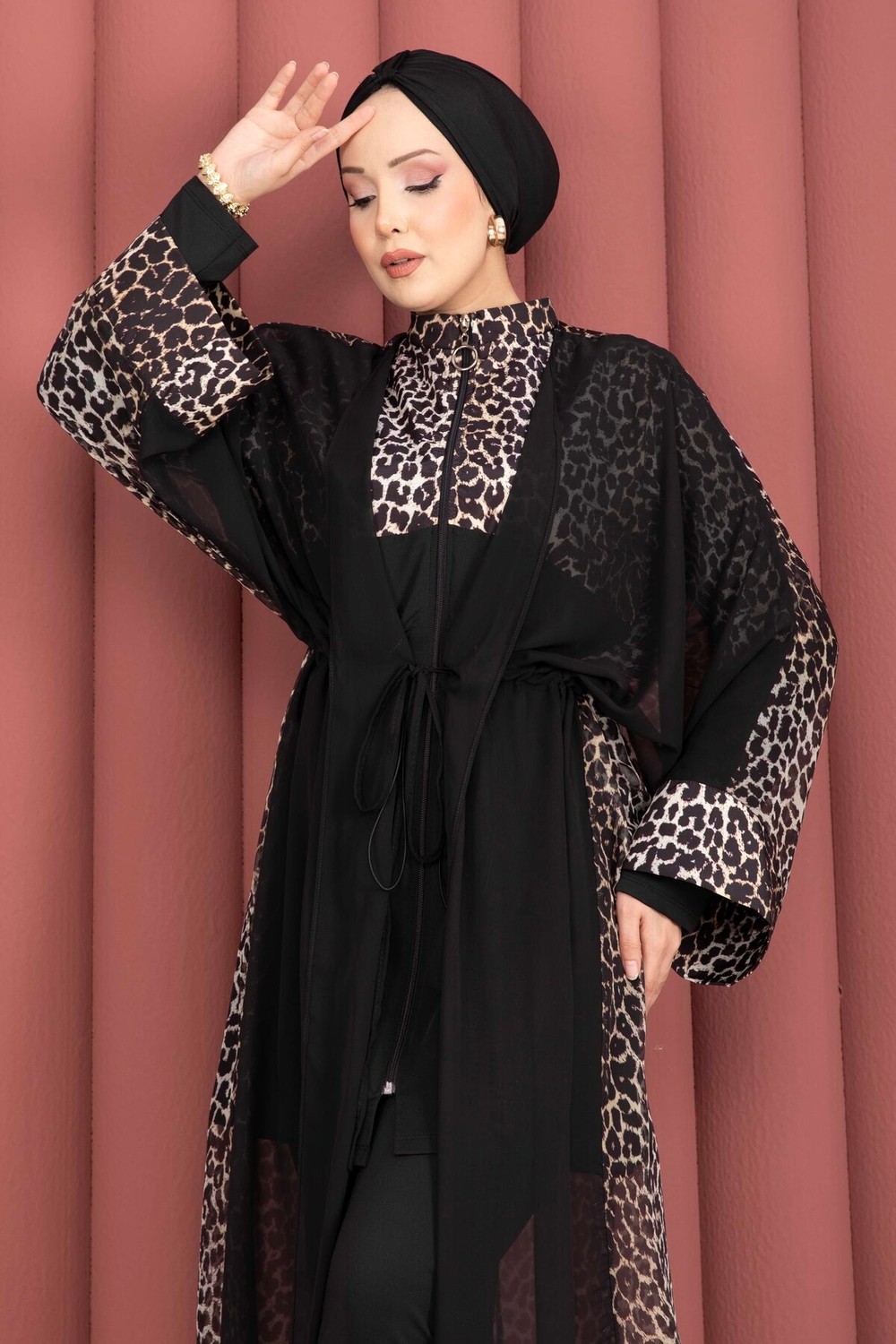 Md Şifon Pareolu Beli Ayarlanabilir Tesettür Mayo Leopar görsel 2