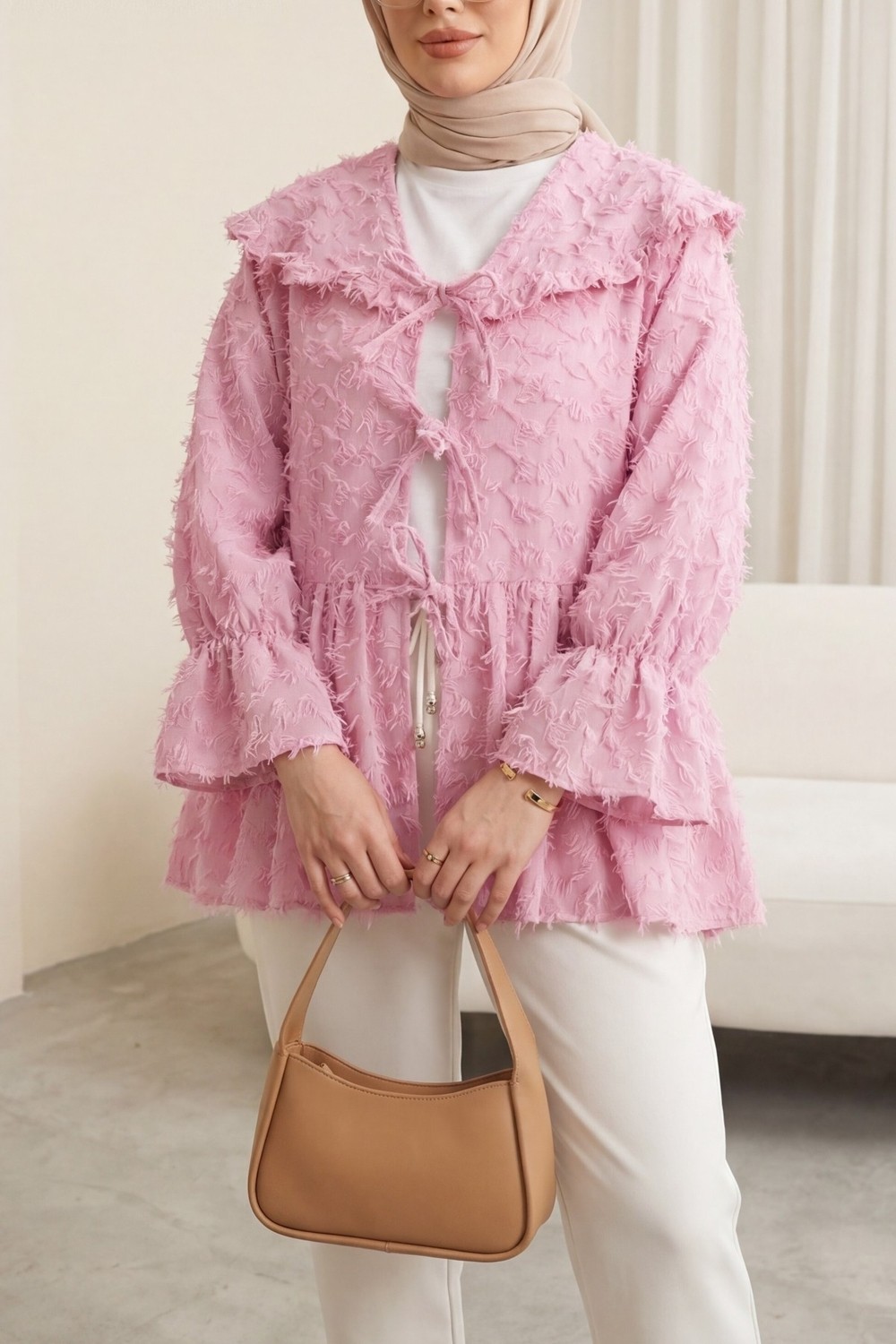 Moda Morfo Önü Bağcıklı Tüylü Dokulu Clip Jakar Kimono -Pembe