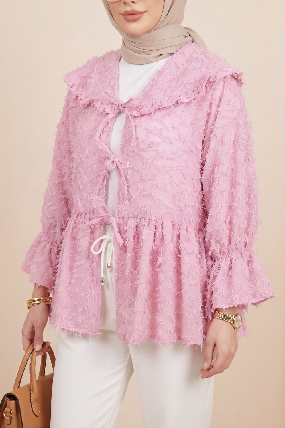 Moda Morfo Önü Bağcıklı Tüylü Dokulu Clip Jakar Kimono -Pembe görsel 2