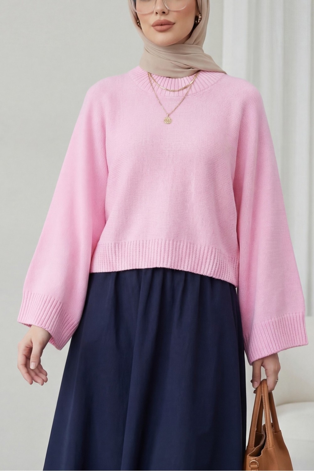 Moda Morfo Yarım Boğazlı Yarasa Kol Etek Üstü Triko Kazak -Pembe görsel 8