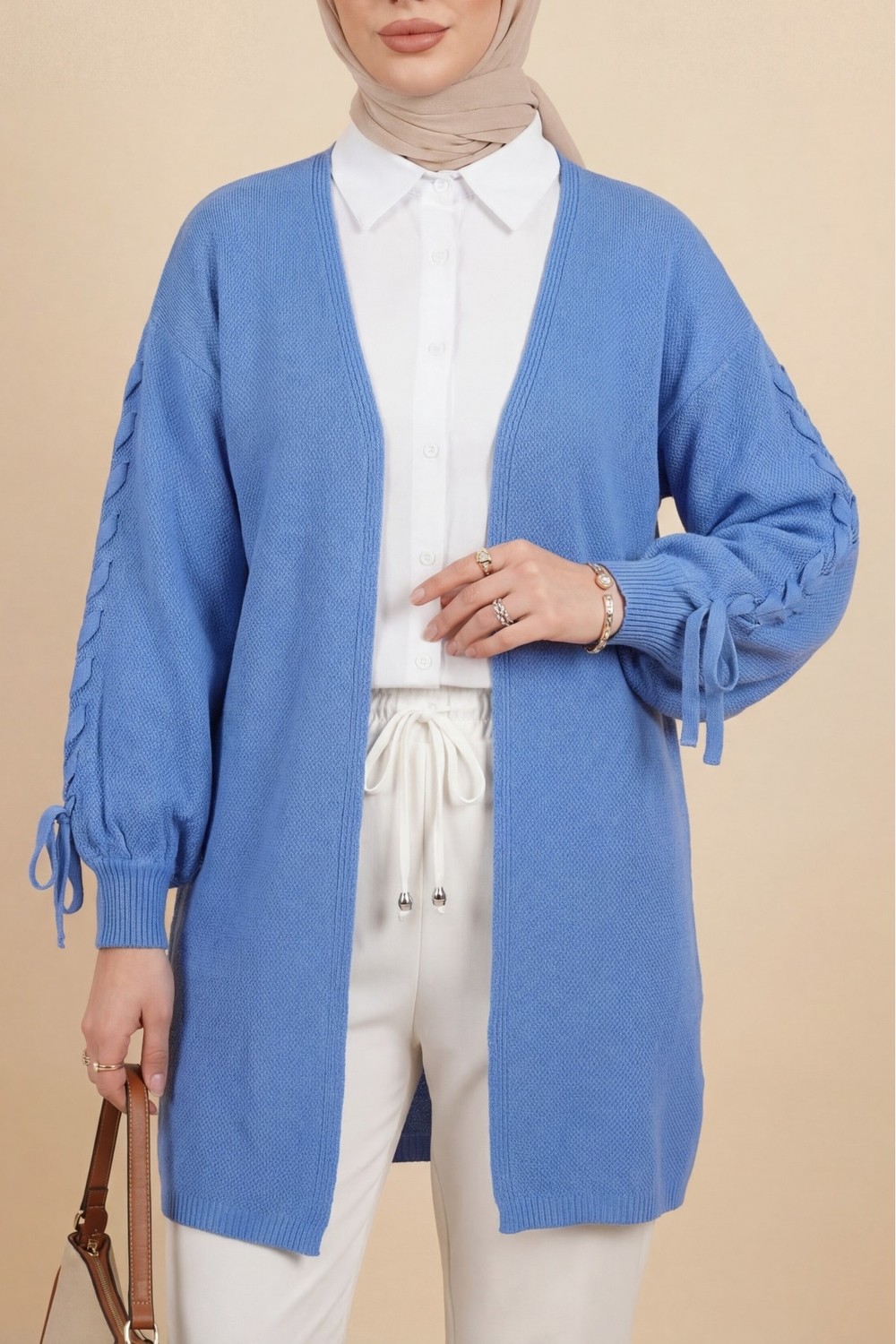 Moda Morfo Kolu Saç Örgülü Salaş Triko Hırka -Krem