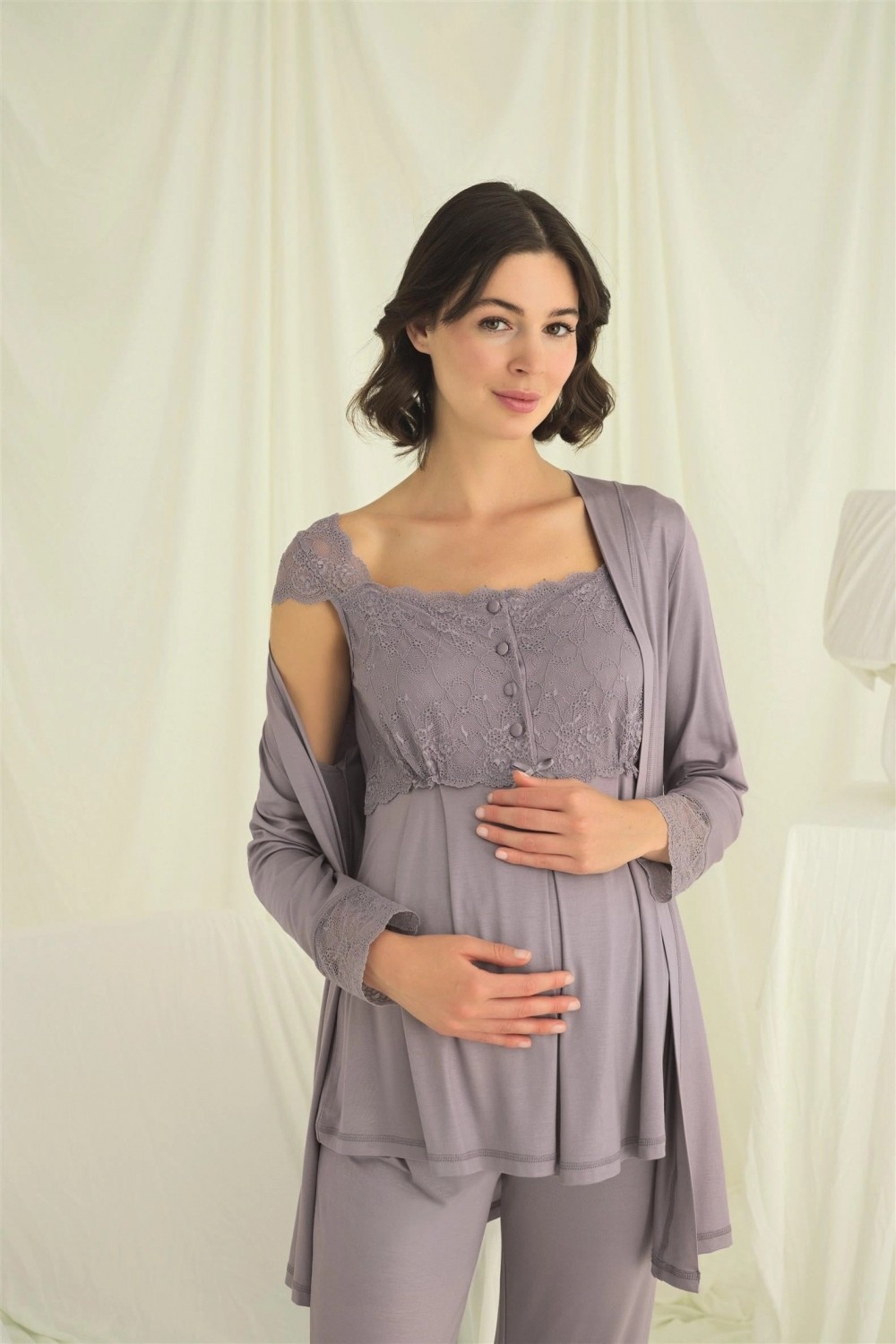 Marsilyan - Dantelli Önü Düğmeli Hamile Lohusa 3'lü Pijama Takımı görsel 4