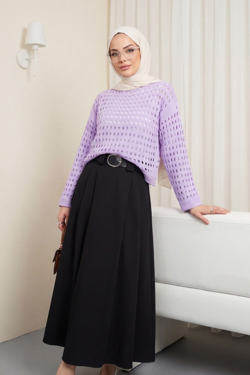 Moda Morfo Kayık Yaka Ajurlu Triko Kazak -Bordo