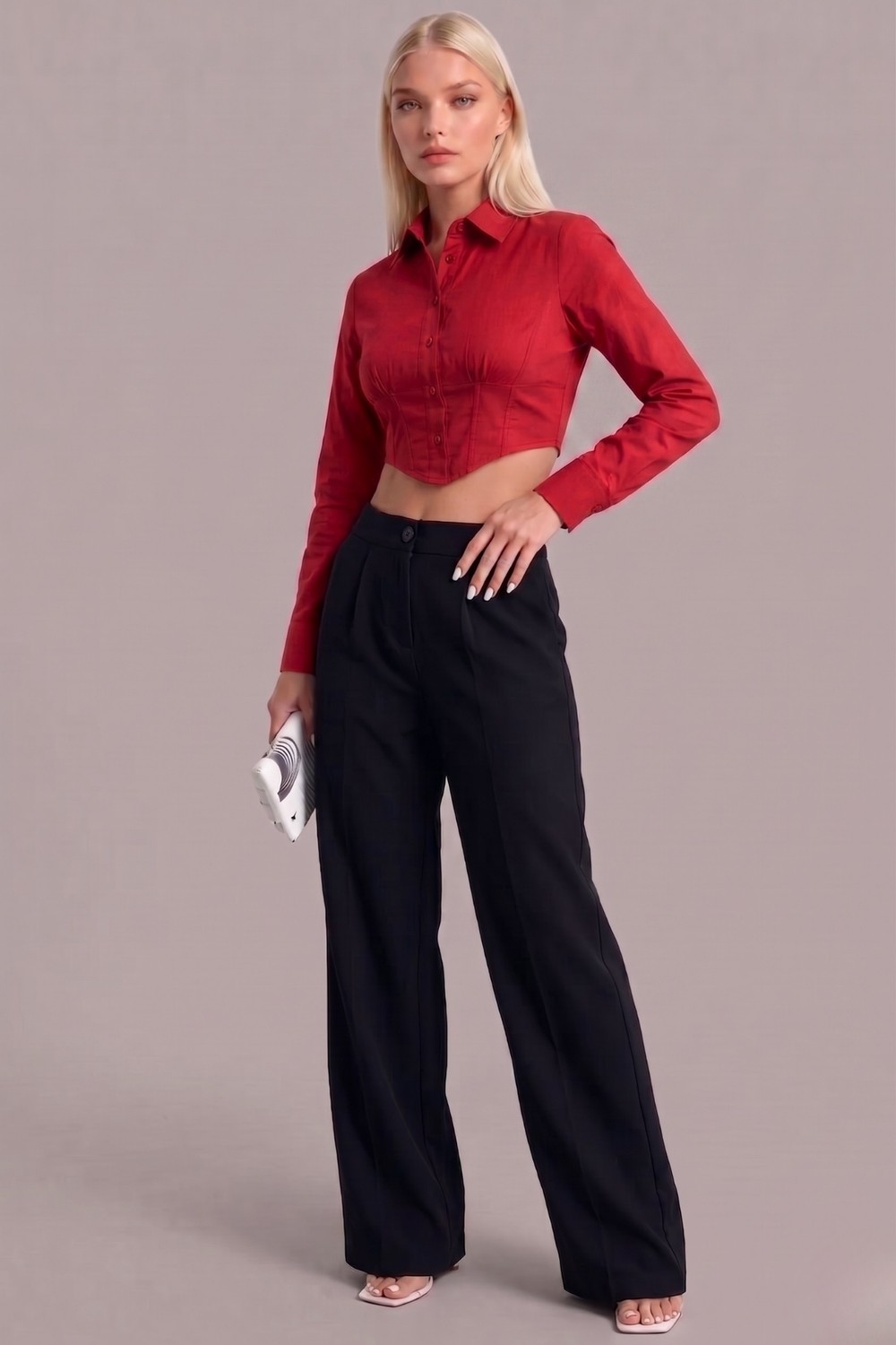 Asfaha Fashion Kadın Gömlek Yaka Düğmeli Crop Gömlek görsel 7