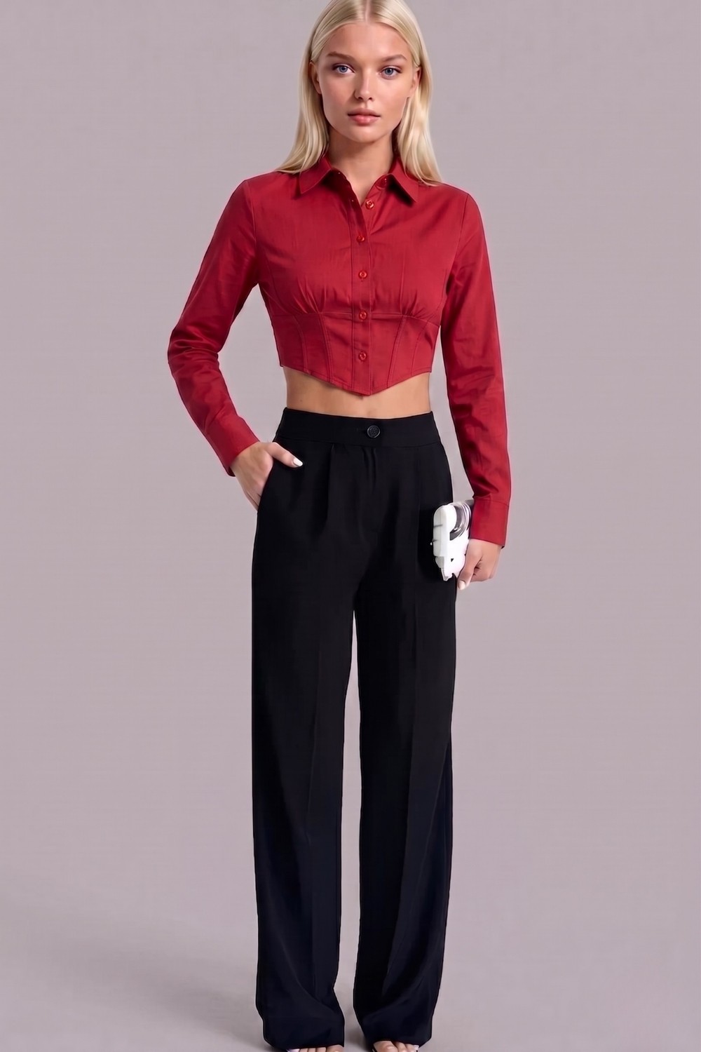 Asfaha Fashion Kadın Gömlek Yaka Düğmeli Crop Gömlek görsel 8