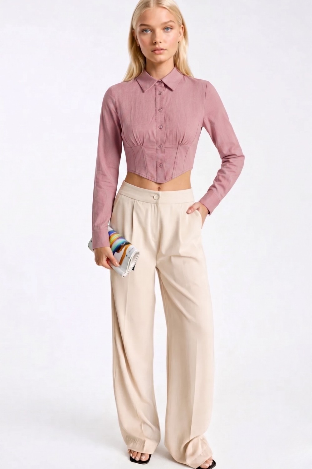 Asfaha Fashion Kadın Gömlek Yaka Düğmeli Crop Gömlek