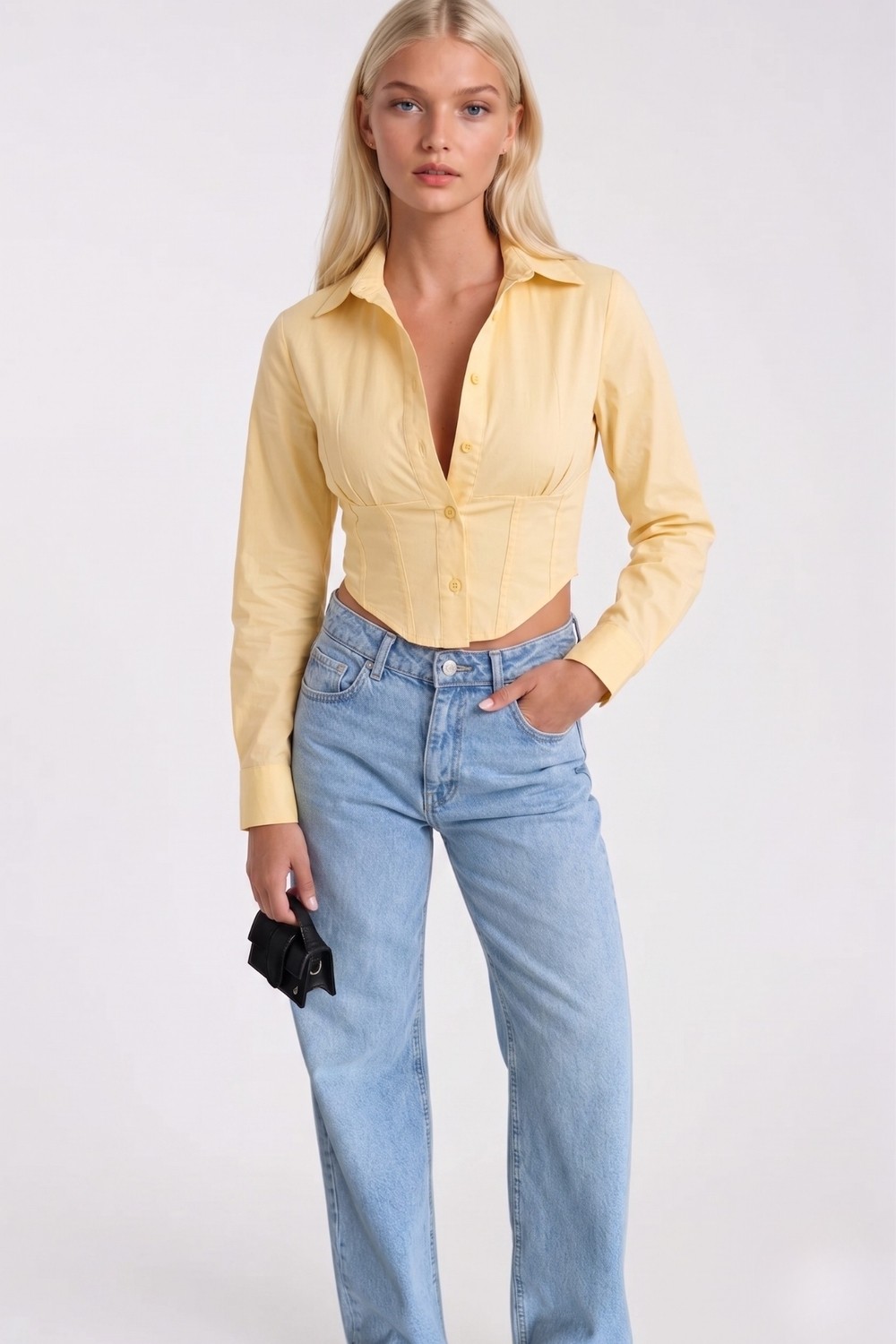 Asfaha Fashion Kadın Gömlek Yaka Düğmeli Crop Gömlek