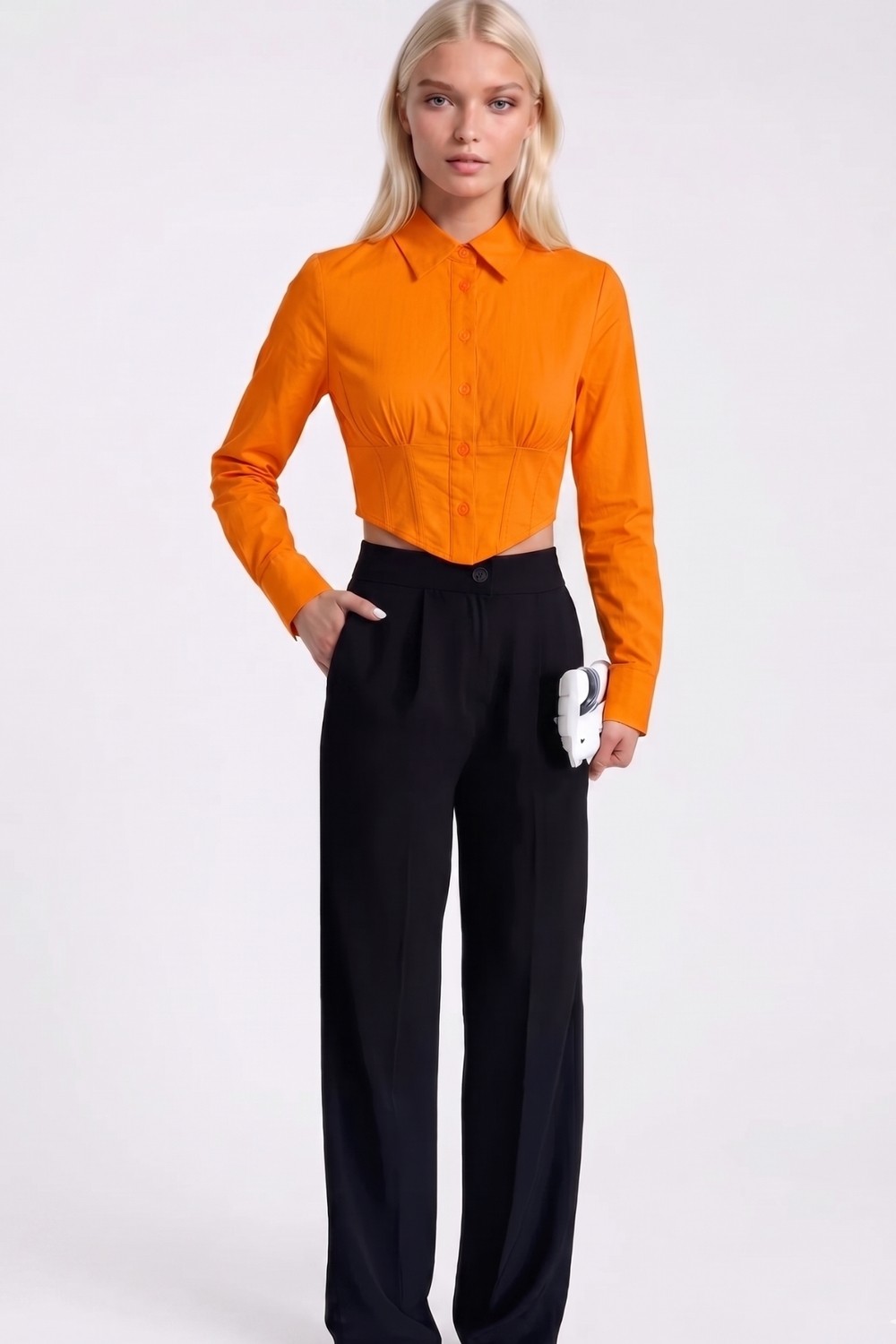 Asfaha Fashion Kadın Gömlek Yaka Düğmeli Crop Gömlek görsel 4
