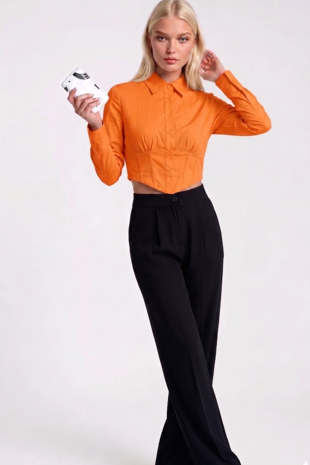 Asfaha Fashion Kadın Gömlek Yaka Düğmeli Crop Gömlek görsel 5