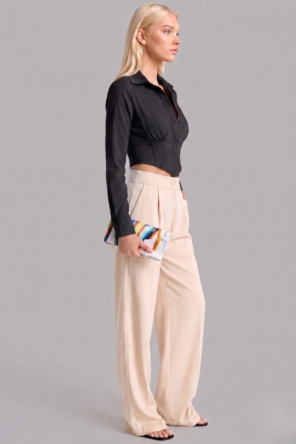 Asfaha Fashion Kadın Gömlek Yaka Düğmeli Crop Gömlek