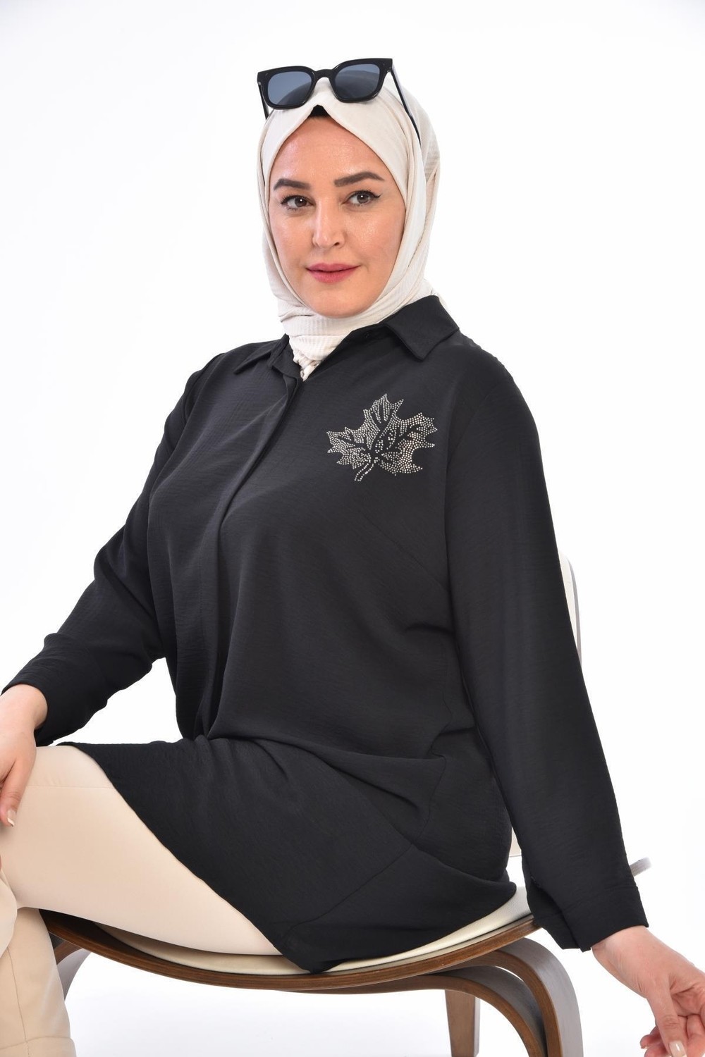 FERACE Kadın Büyük Beden Mürdüm Yaprak Baskılı Gömlek Tunik Rahat Kullanım Özelliği ile görsel 6