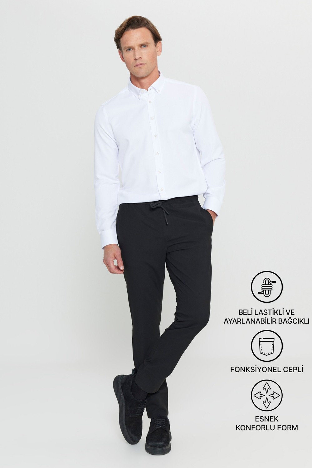Altınyıldız Classics Erkek Siyah Diz İzi Yapmayan Beli Bağlamalı Yan Cepli Jogger Pantolon Slim Fit Rahat Kesim