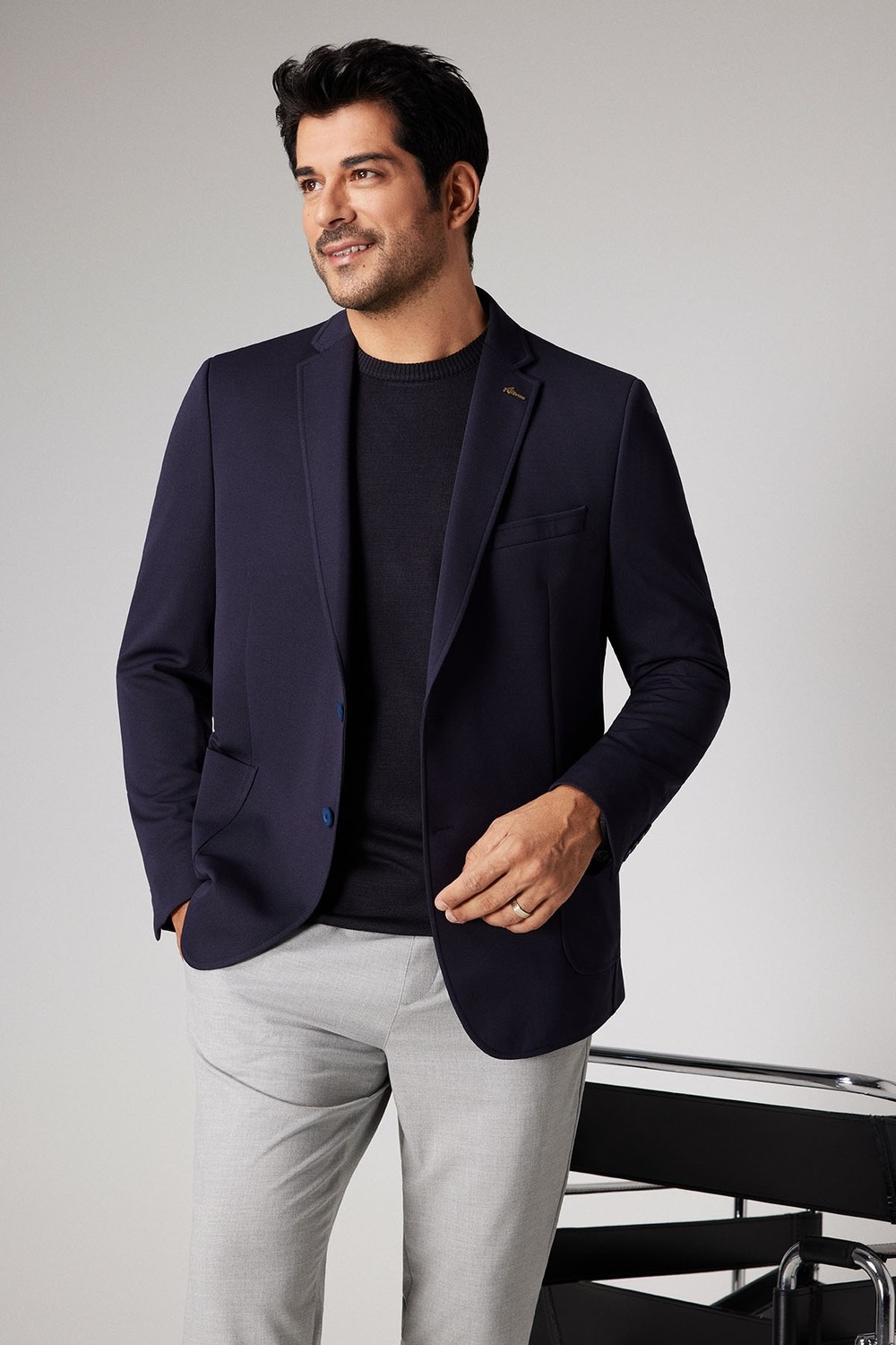 Altınyıldız Classics Erkek Lacivert Slim Fit Dar Kesim Mono Yaka Casual Blazer Ceket