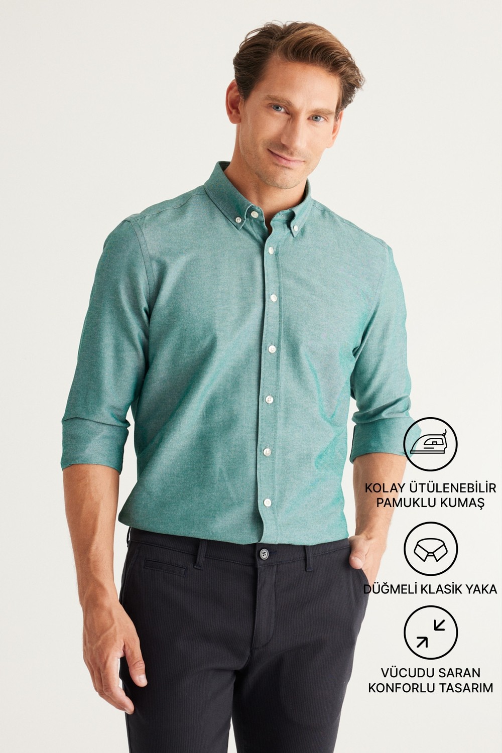 Altınyıldız Classics Erkek Oxford Kolay Ütülenebilir Pamuklu Terletmez Gömlek Beyaz Düğmeli Yaka Slim Fit Dar Kesim