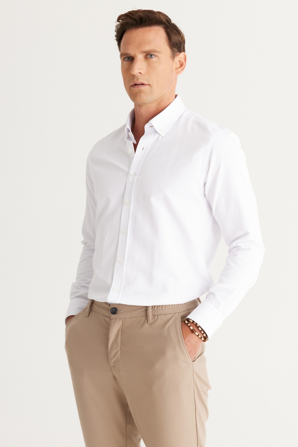 Altınyıldız Classics Erkek Beyaz Kolay Ütülenebilir Slim Fit Dar Kesim Oxford Düğmeli Yaka Armürlü Pamuklu Gömlek görsel 7