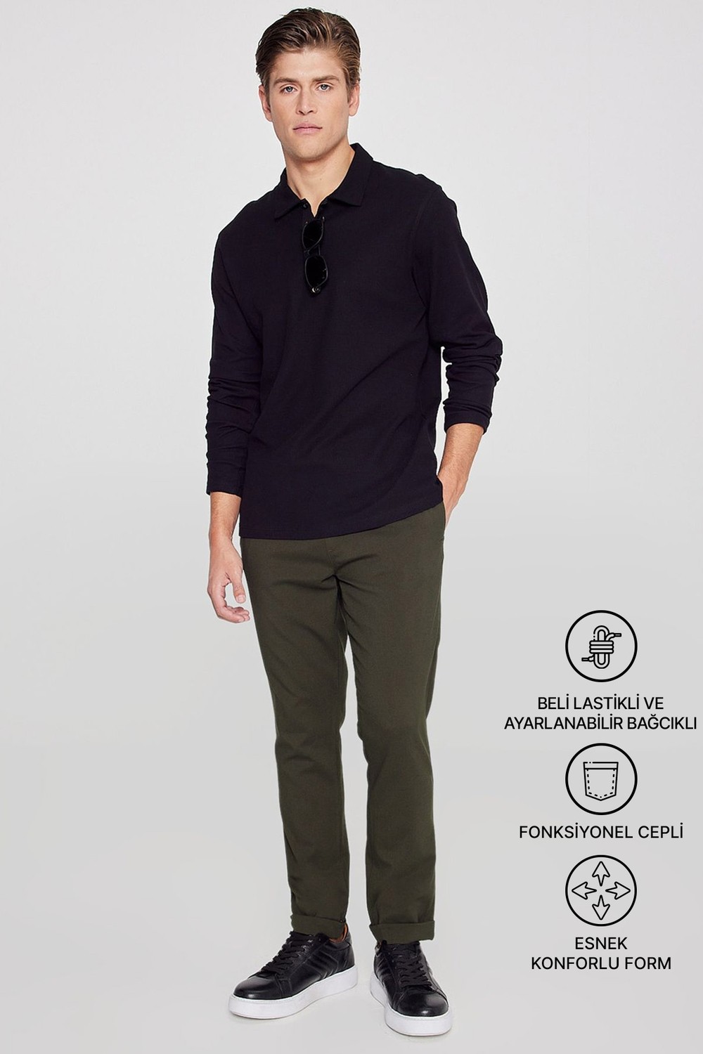 Altınyıldız Classics Erkek Siyah Diz İzi Yapmayan Beli Bağlamalı Yan Cepli Jogger Pantolon Slim Fit Rahat Kesim