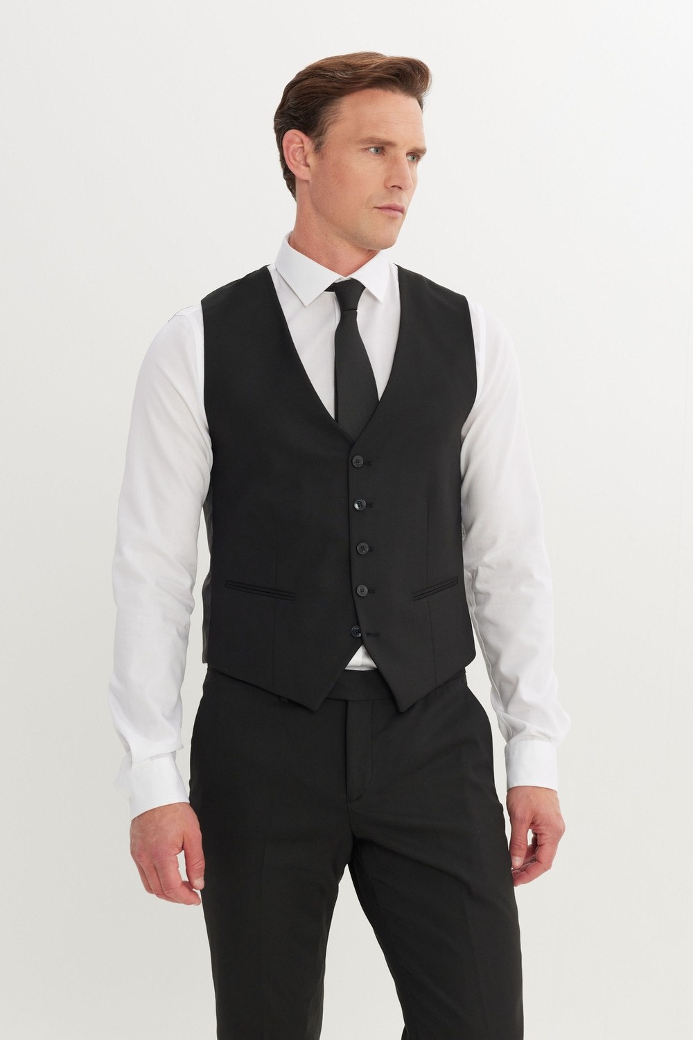 Altınyıldız Classics Erkek Siyah Slim Fit Dar Kesim Yelekli Takım Elbise Kırlangıç Yaka Kapak Cepli görsel 5