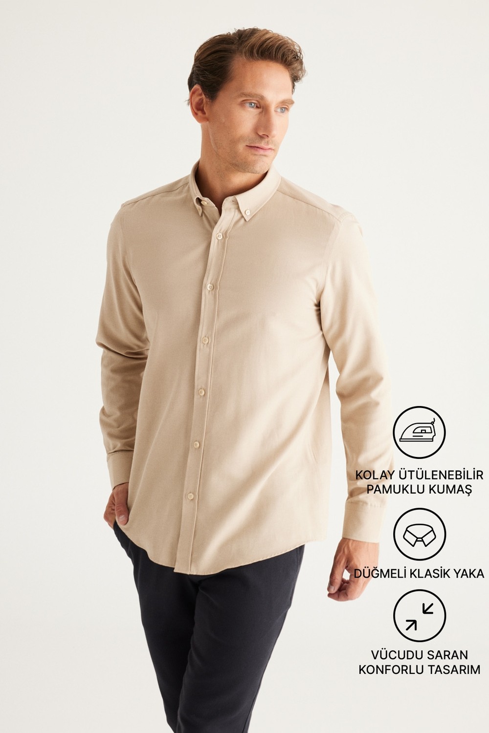 Altınyıldız Classics Erkek Oxford Kolay Ütülenebilir Pamuklu Terletmez Gömlek Beyaz Düğmeli Yaka Slim Fit Dar Kesim