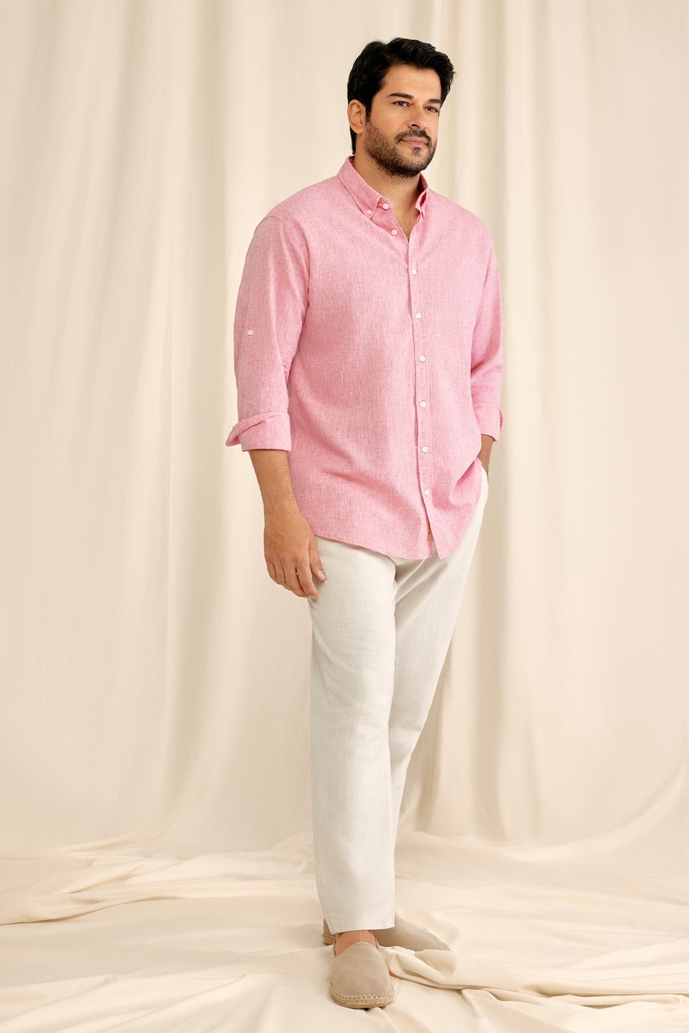 Altınyıldız Classics Erkek Yavruağzı Keten Comfort Fit Rahat Kesim Düğmeli Yaka Casual Gömlek görsel 8