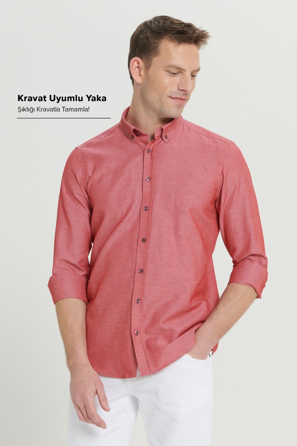 Altınyıldız Classics Erkek Oxford Kolay Ütülenebilir Pamuklu Terletmez Gömlek Beyaz Düğmeli Yaka Slim Fit Dar Kesim