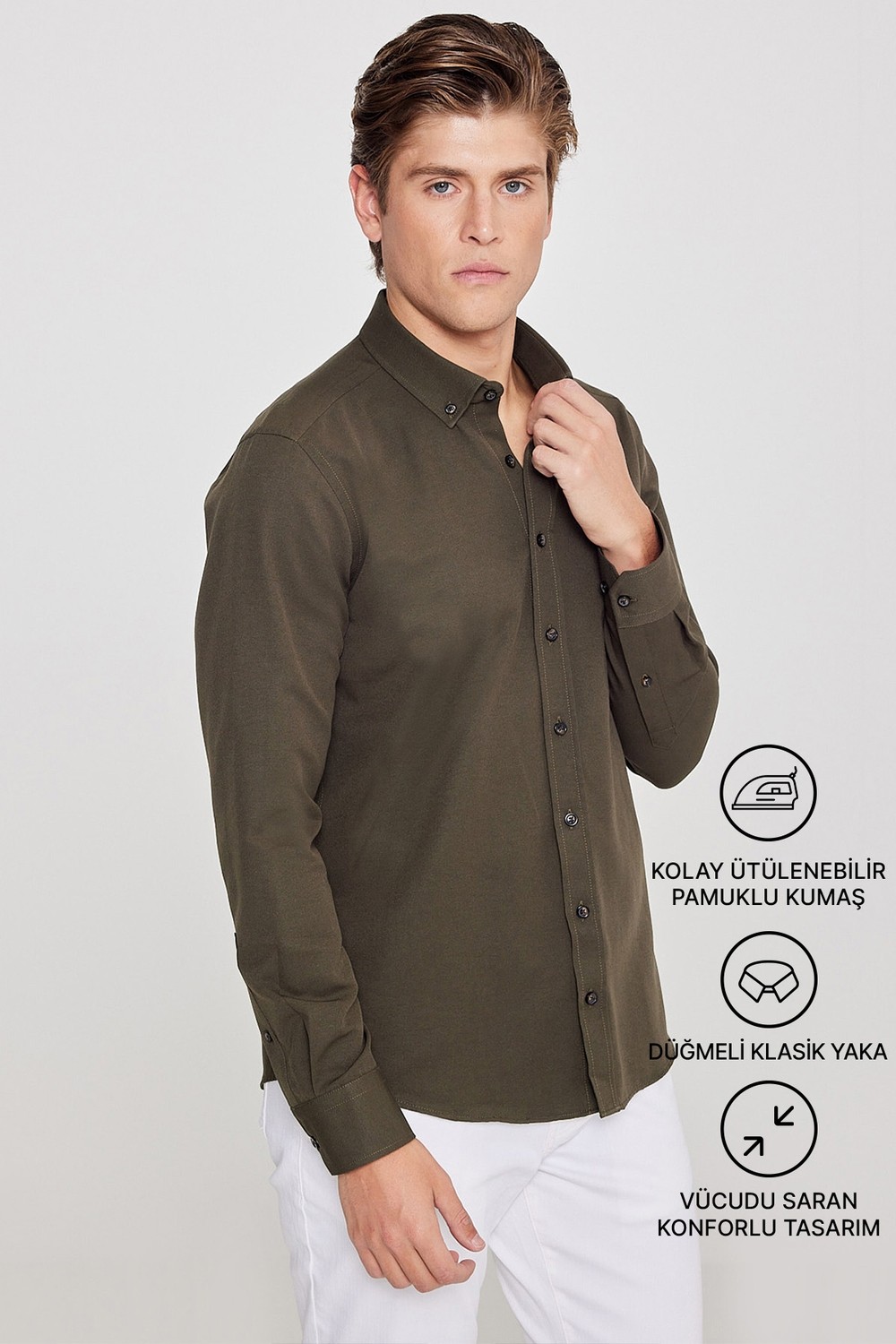 Altınyıldız Classics Erkek Oxford Kolay Ütülenebilir Pamuklu Terletmez Gömlek Beyaz Düğmeli Yaka Slim Fit Dar Kesim