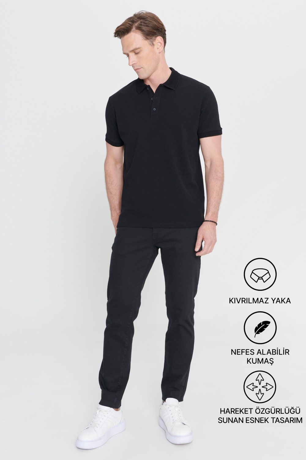 Altınyıldız Classics Erkek Siyah %100 Pamuk Kıvrılmaz Pike Polo Yaka Slim Fit Dar Kesim Tişört