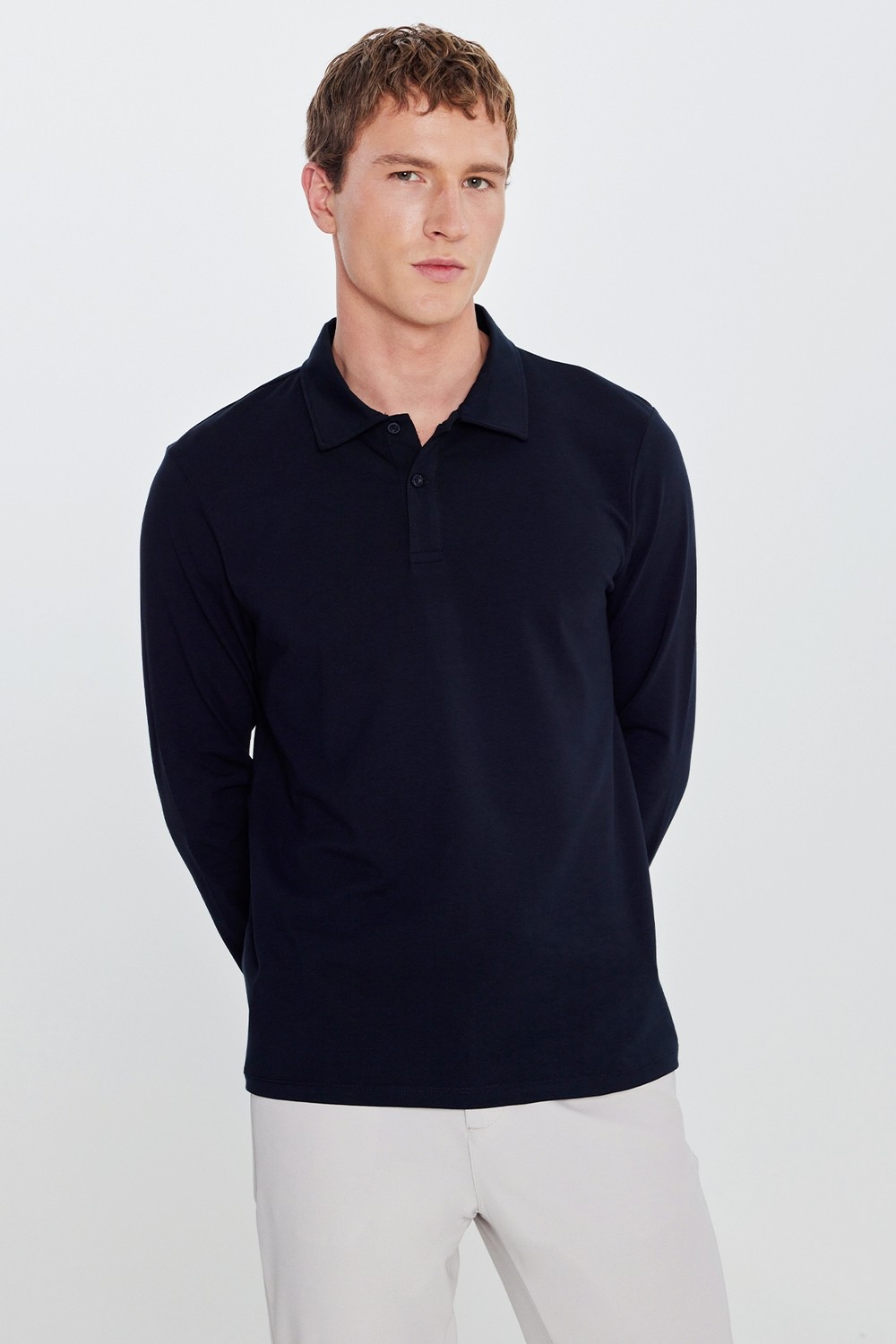 Altınyıldız Classics Erkek Haki Pamuklu Slim Fit Dar Kesim Polo Yaka Uzun Kollu Esnek Tişört görsel 3