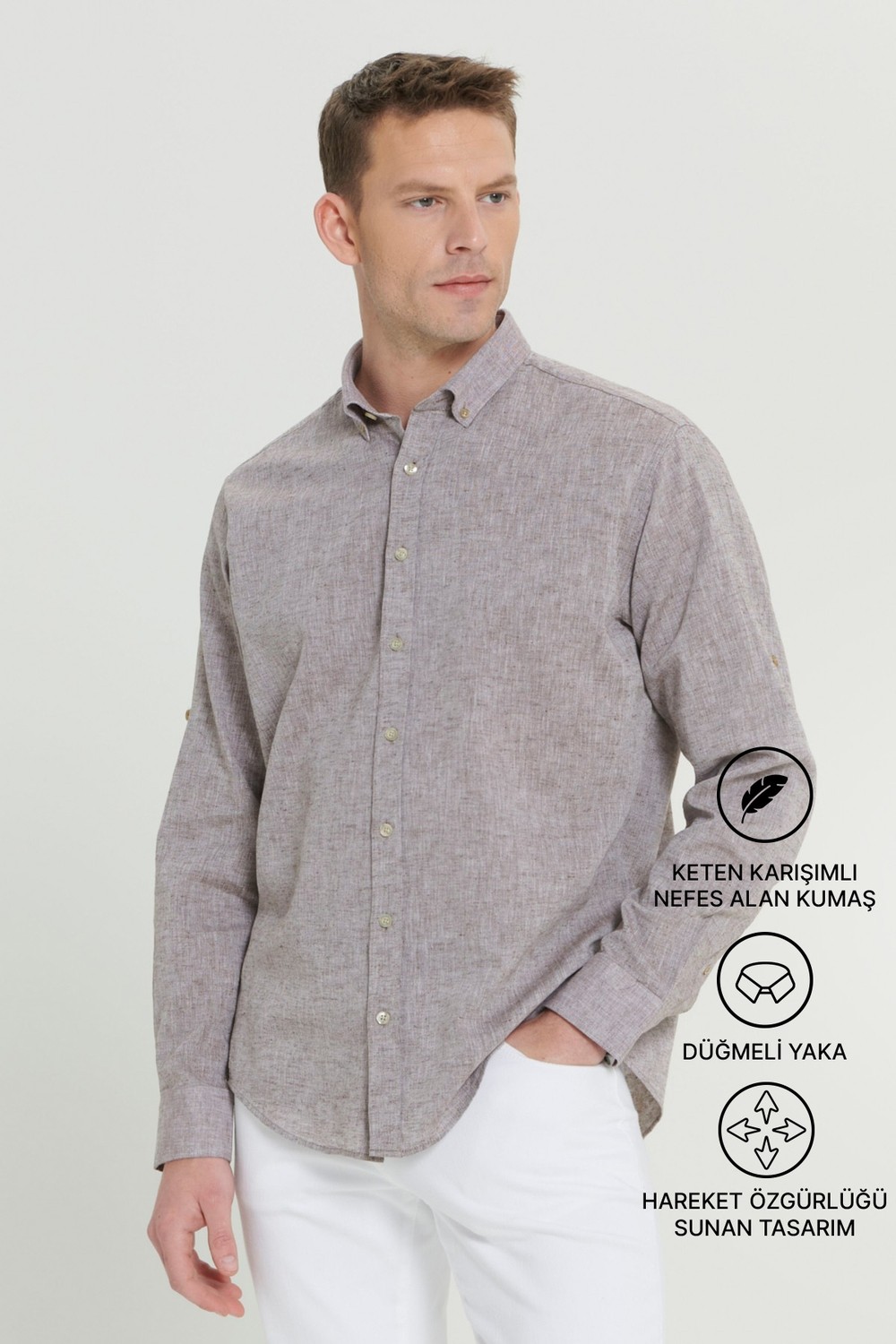 Altınyıldız Classics Erkek Yavruağzı Keten Comfort Fit Rahat Kesim Düğmeli Yaka Casual Gömlek