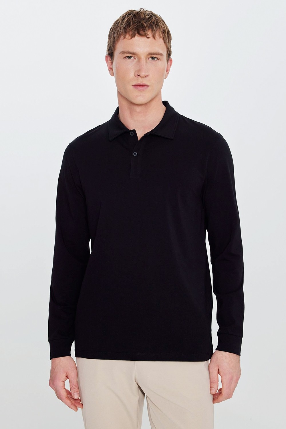Altınyıldız Classics Erkek Haki Pamuklu Slim Fit Dar Kesim Polo Yaka Uzun Kollu Esnek Tişört