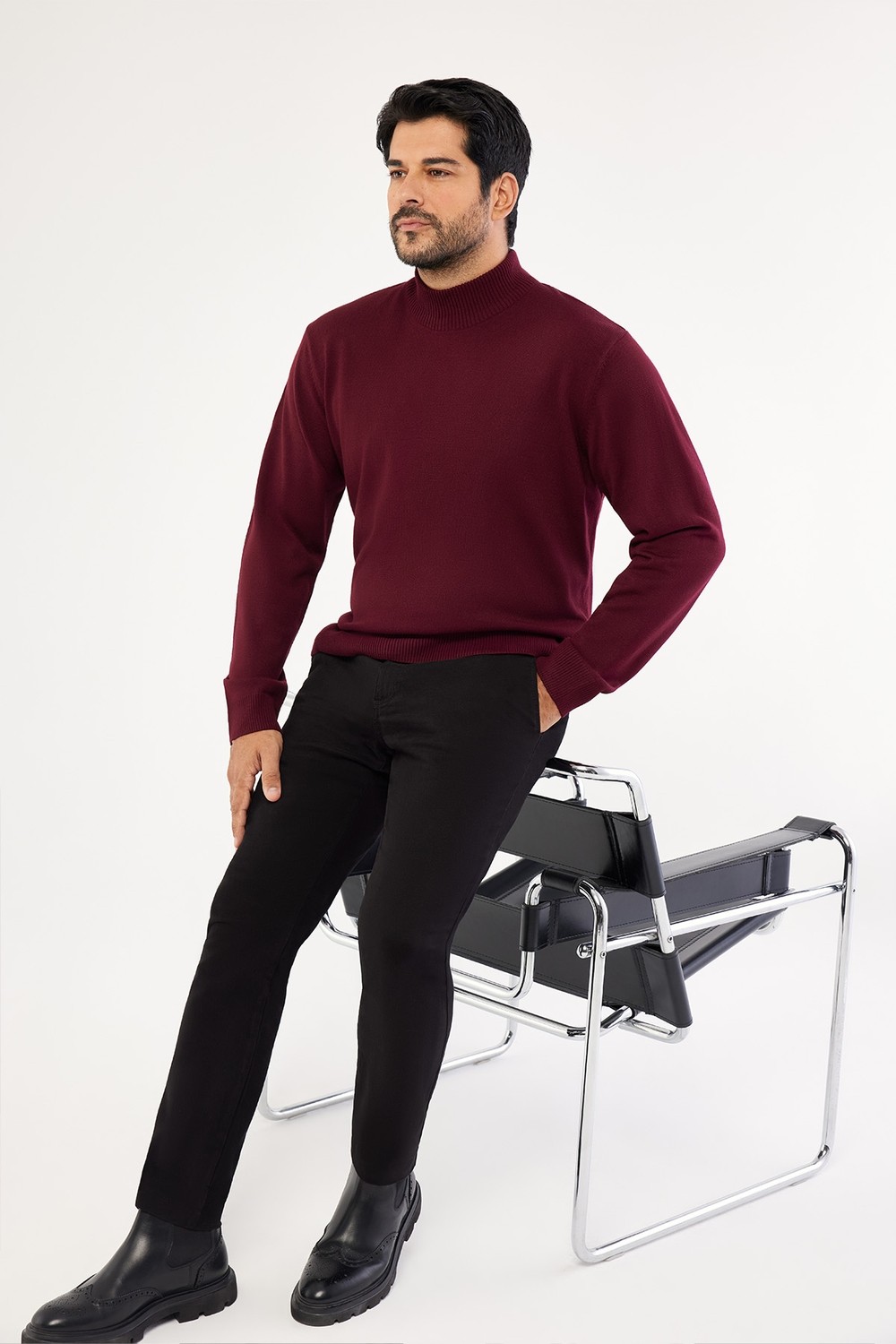 Altınyıldız Classics Erkek Bordo Tüylenme Yapmayan Standart Fit Normal Kesim Yarım Balıkçı Yaka Triko Kazak görsel 2