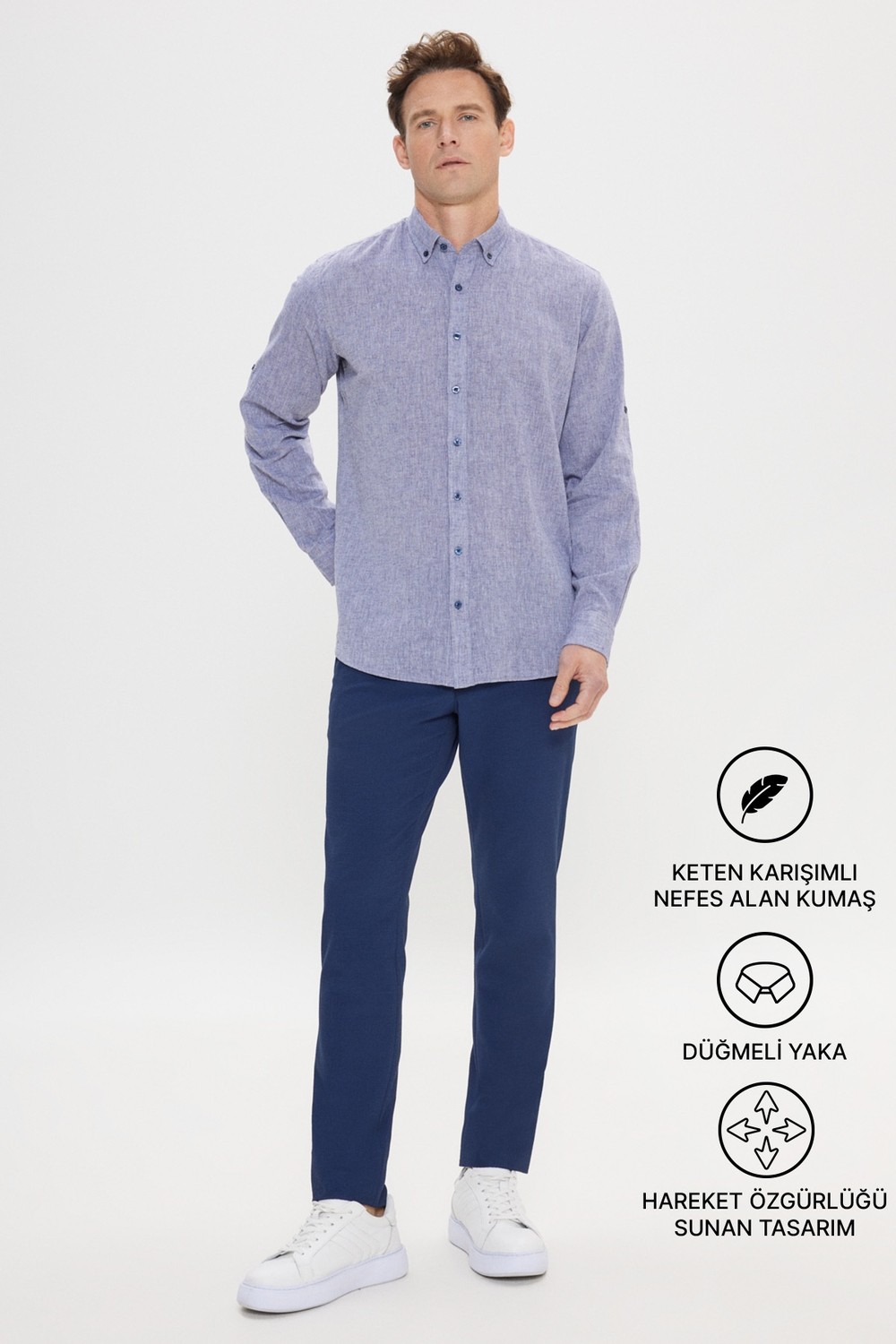 Altınyıldız Classics Erkek Yavruağzı Keten Comfort Fit Rahat Kesim Düğmeli Yaka Casual Gömlek
