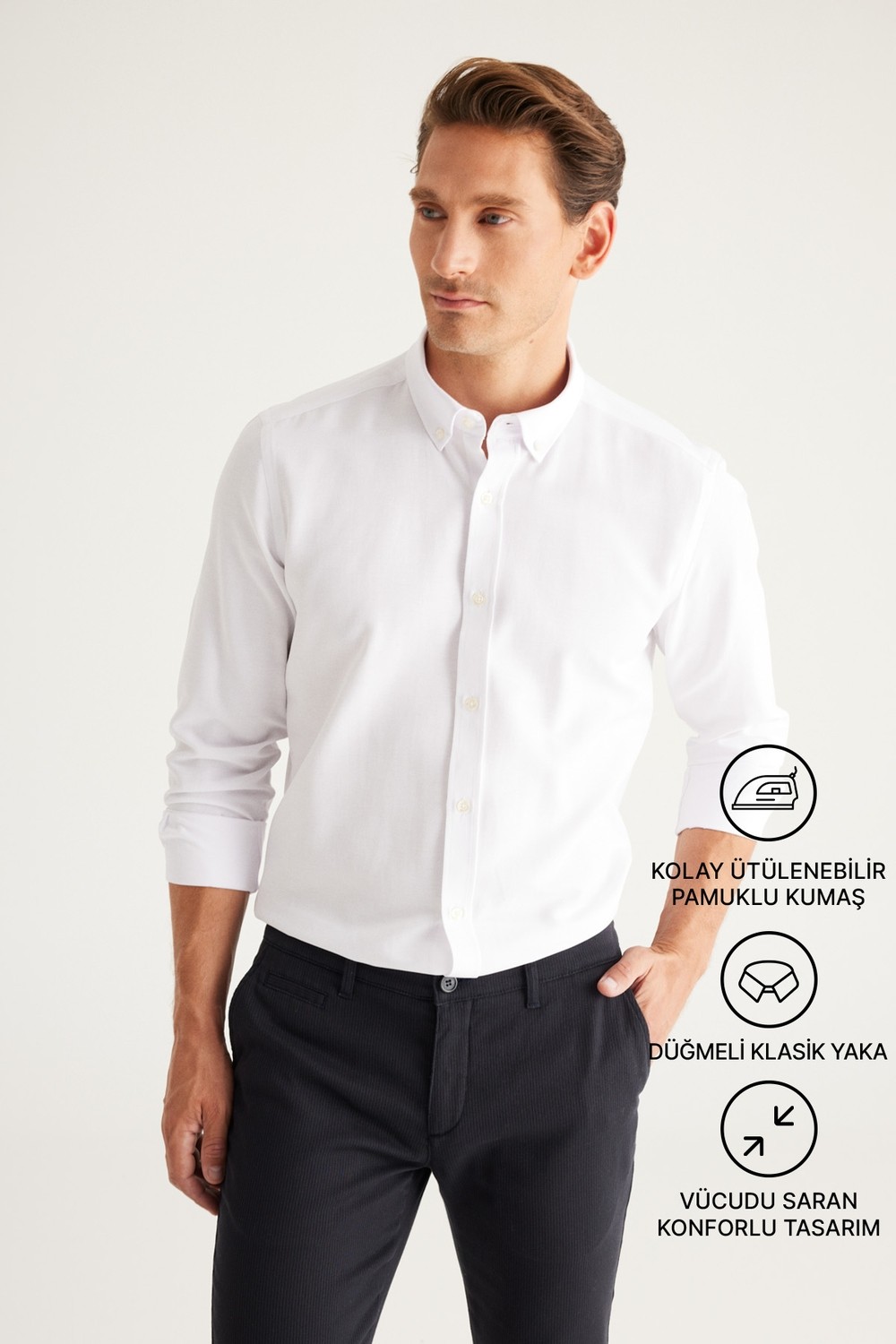 Altınyıldız Classics Erkek Oxford Kolay Ütülenebilir Pamuklu Terletmez Gömlek Beyaz Düğmeli Yaka Slim Fit Dar Kesim