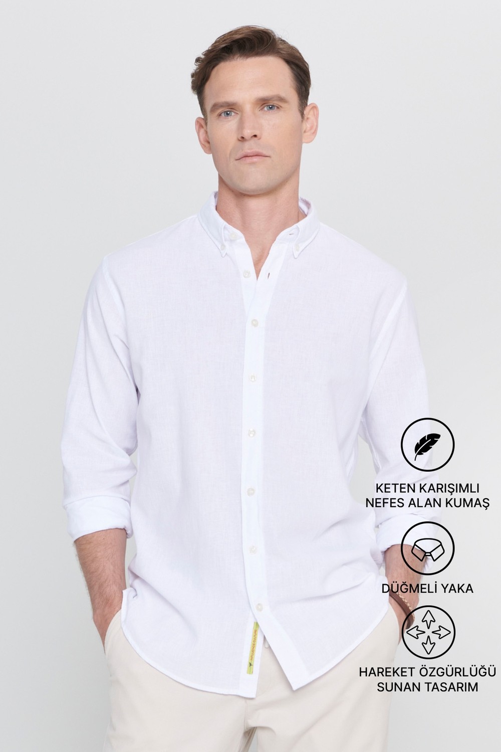 Altınyıldız Classics Erkek Yavruağzı Keten Comfort Fit Rahat Kesim Düğmeli Yaka Casual Gömlek