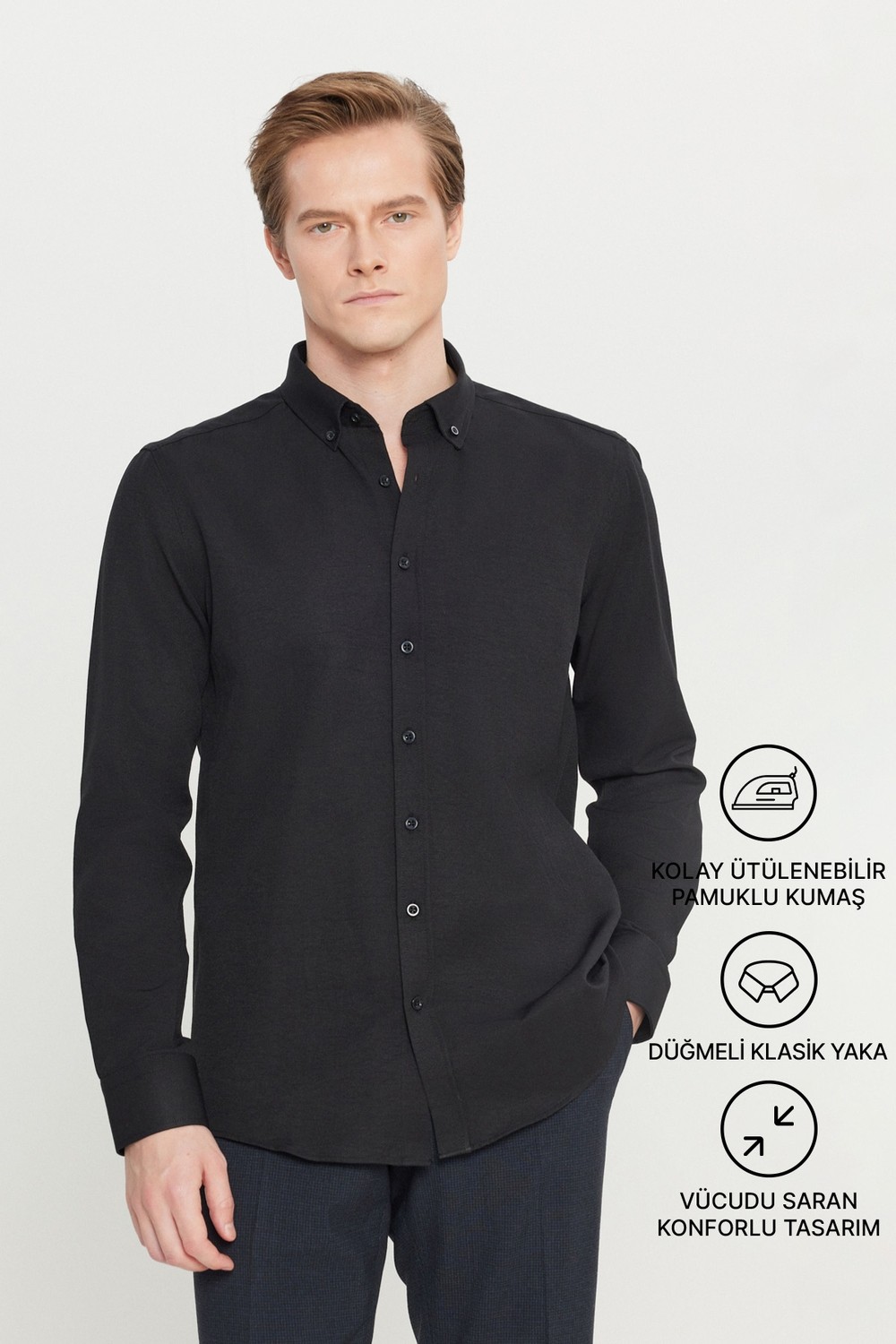 Altınyıldız Classics Erkek Oxford Kolay Ütülenebilir Pamuklu Terletmez Gömlek Beyaz Düğmeli Yaka Slim Fit Dar Kesim