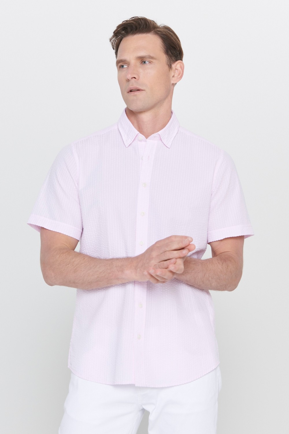 Altınyıldız Classics Erkek Pembe Slim Fit Dar Kesim Gizli Düğmeli Yaka %100 Pamuk Gofre Desenli Kısa Kollu Gömlek