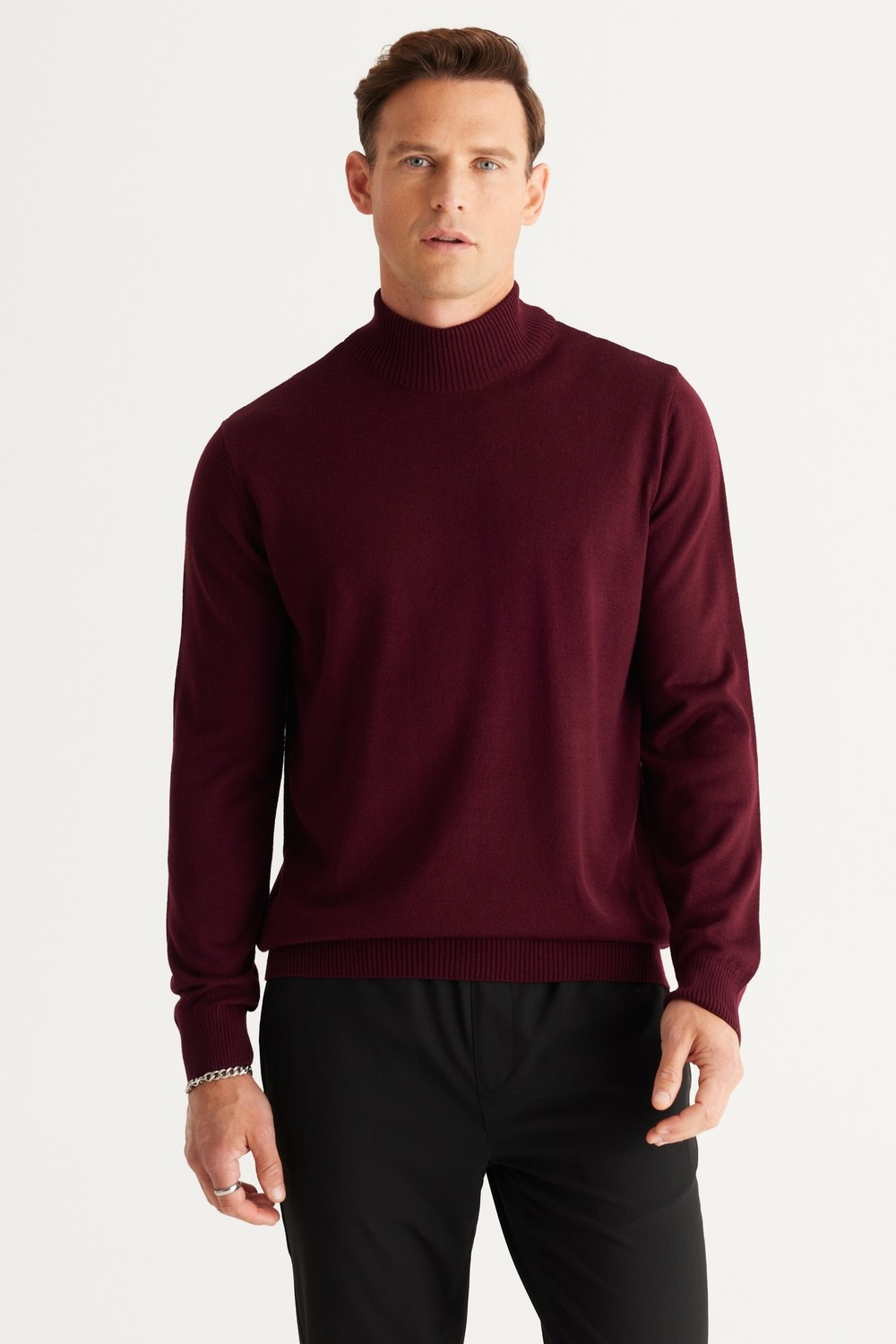 Altınyıldız Classics Erkek Bordo Tüylenme Yapmayan Standart Fit Normal Kesim Yarım Balıkçı Yaka Triko Kazak görsel 8