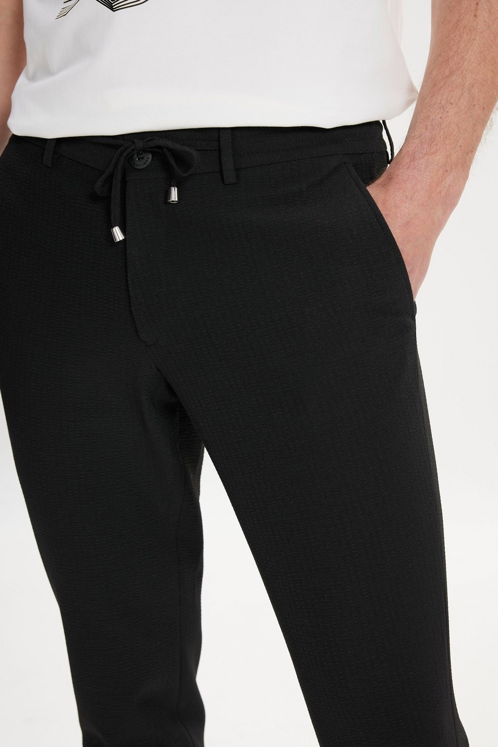 Altınyıldız Classics Erkek Bej Slim Fit Dar Kesim Beli Bağlamalı Yan Cep Gofre Desenli Pantolon görsel 5