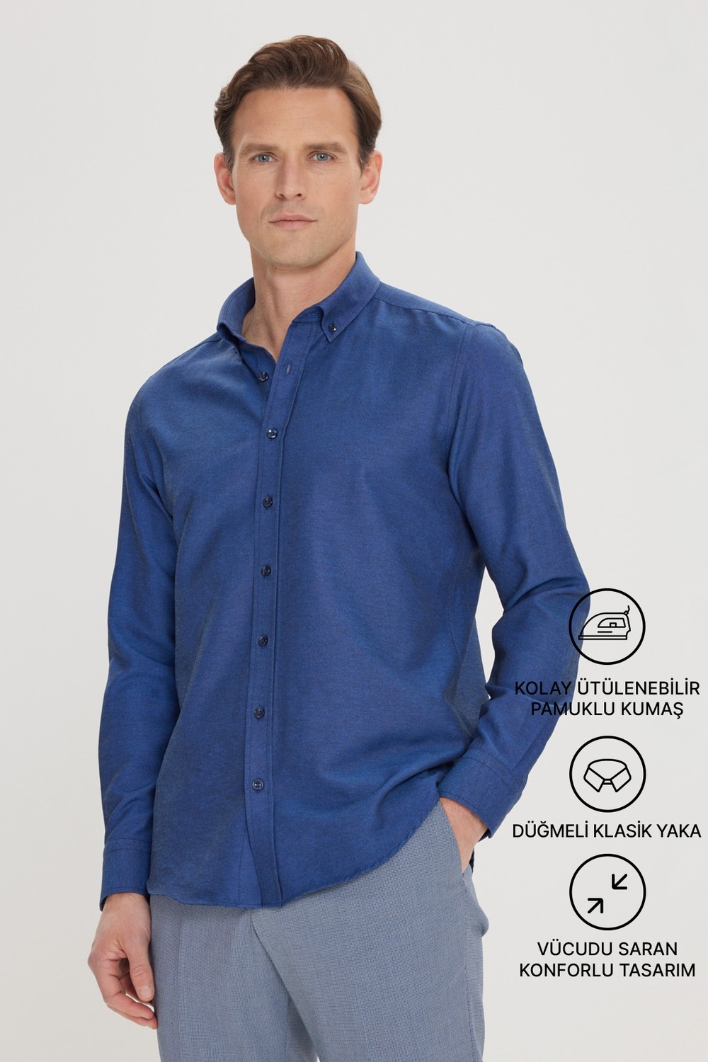 Altınyıldız Classics Erkek Oxford Kolay Ütülenebilir Pamuklu Terletmez Gömlek Beyaz Düğmeli Yaka Slim Fit Dar Kesim
