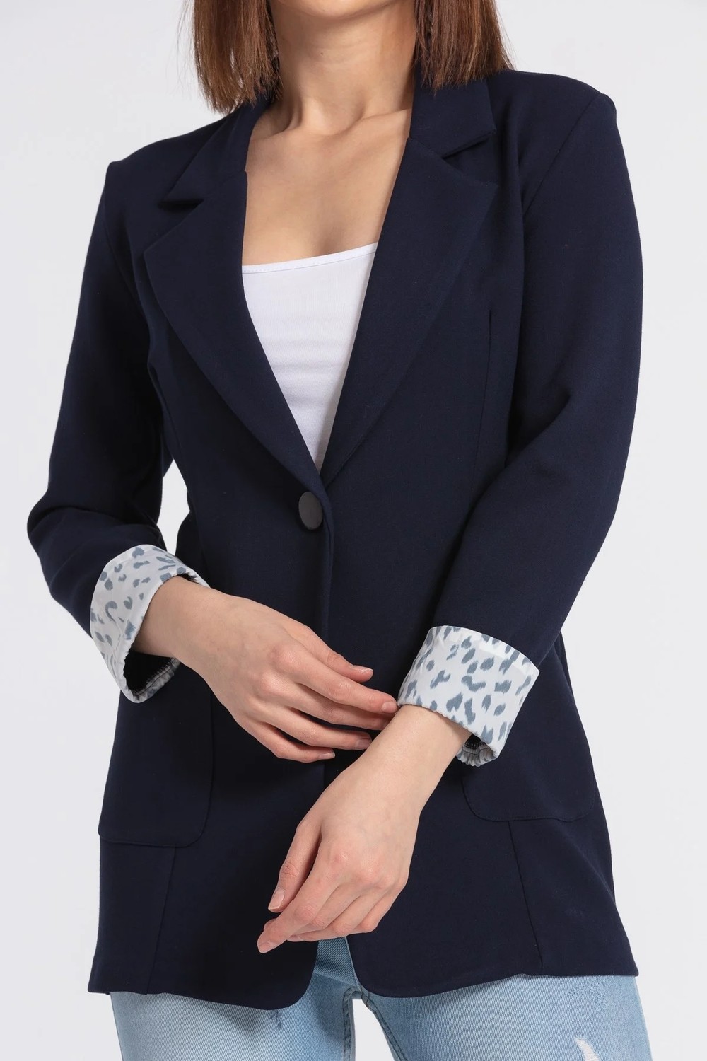 Jument Yakalı Cepli Uzun Kol Katlamalı Blazer Kumaş Ceket-Lacivert görsel 6